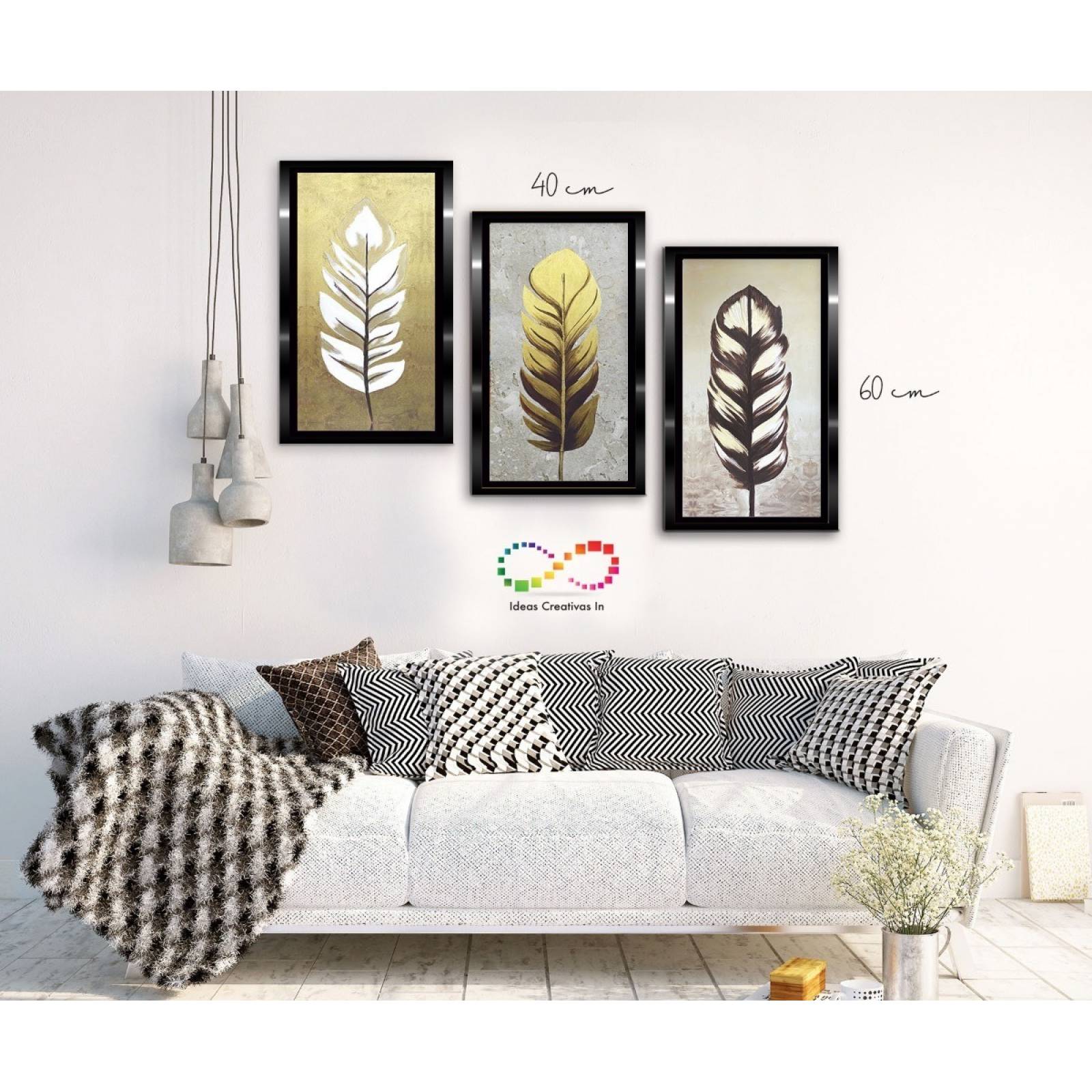 Set De 3 Cuadros Decorativos Modernos Plumas Oro