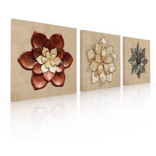 Set De 3 Cuadros Decorativos Para Sala Recamara, Flor Metal