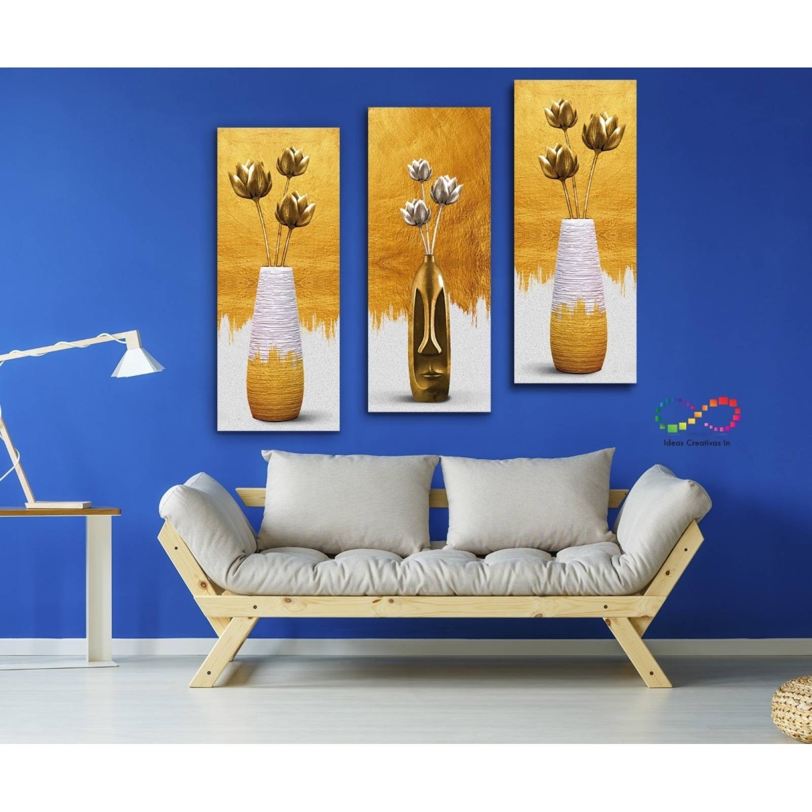 Set De 3 Cuadros Decorativos Modernos Para Sala Florero Oro
