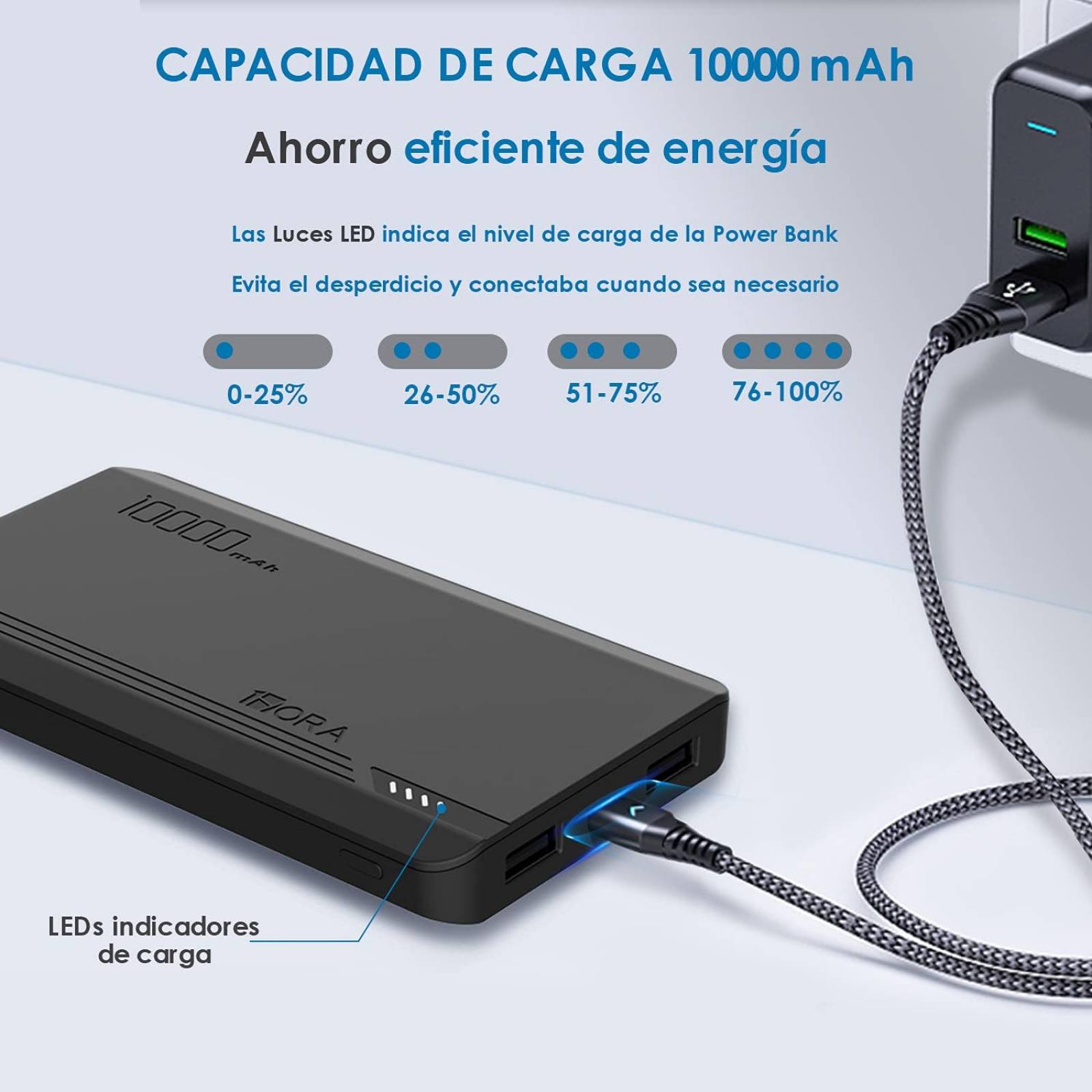 Power Bank 1hora 10000mah Carga Rápida Bateria Portátil Con 4 Cables Micro  Usb / V8 Ip Tipo C