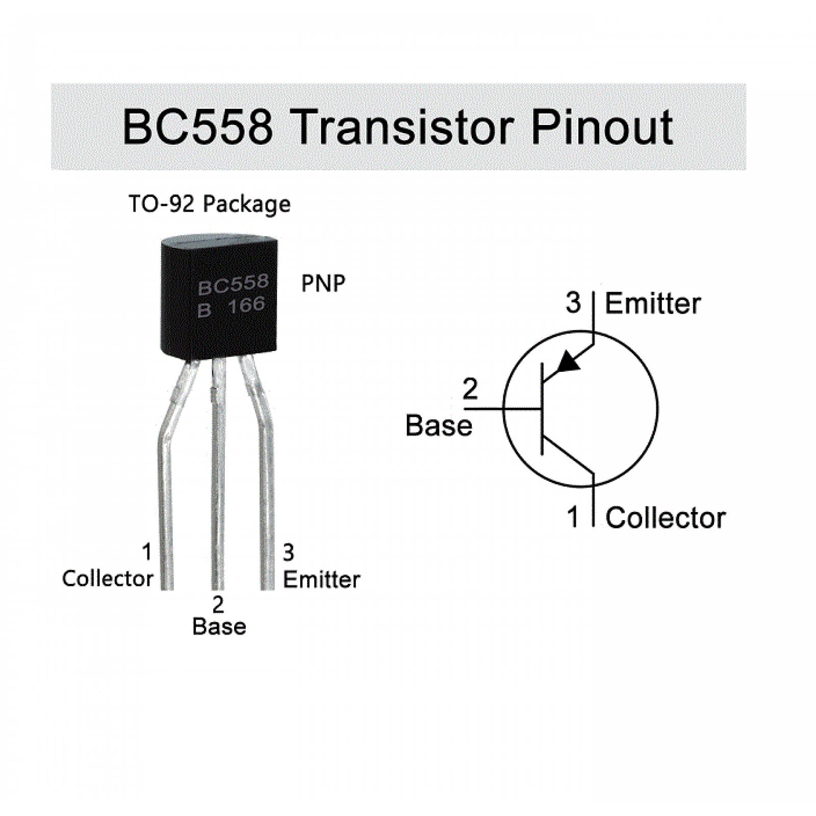 Transistor BC558 pequeña señal para características de alto voltaje y bajo ruido.