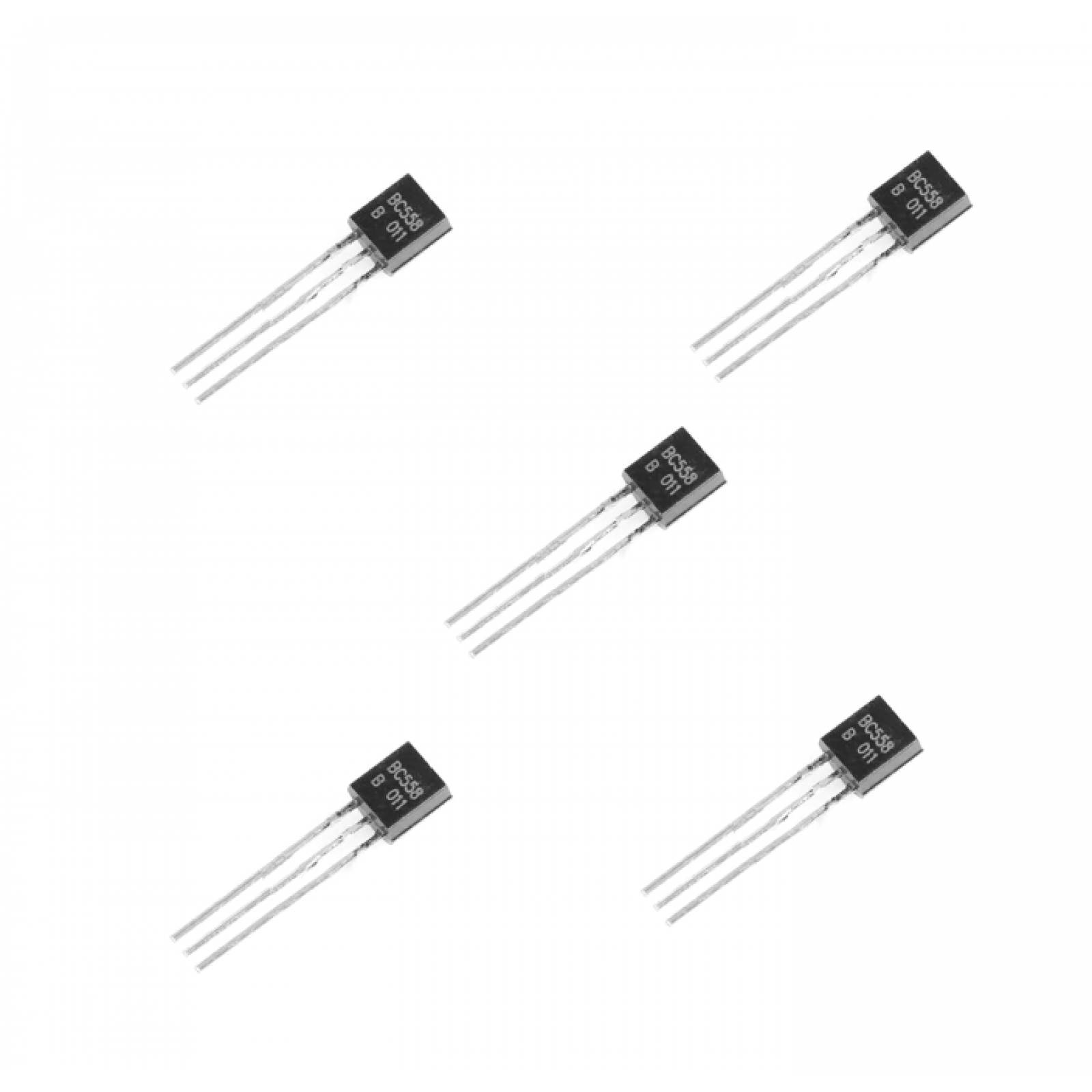 Transistor BC558 pequeña señal para características de alto voltaje y bajo ruido.