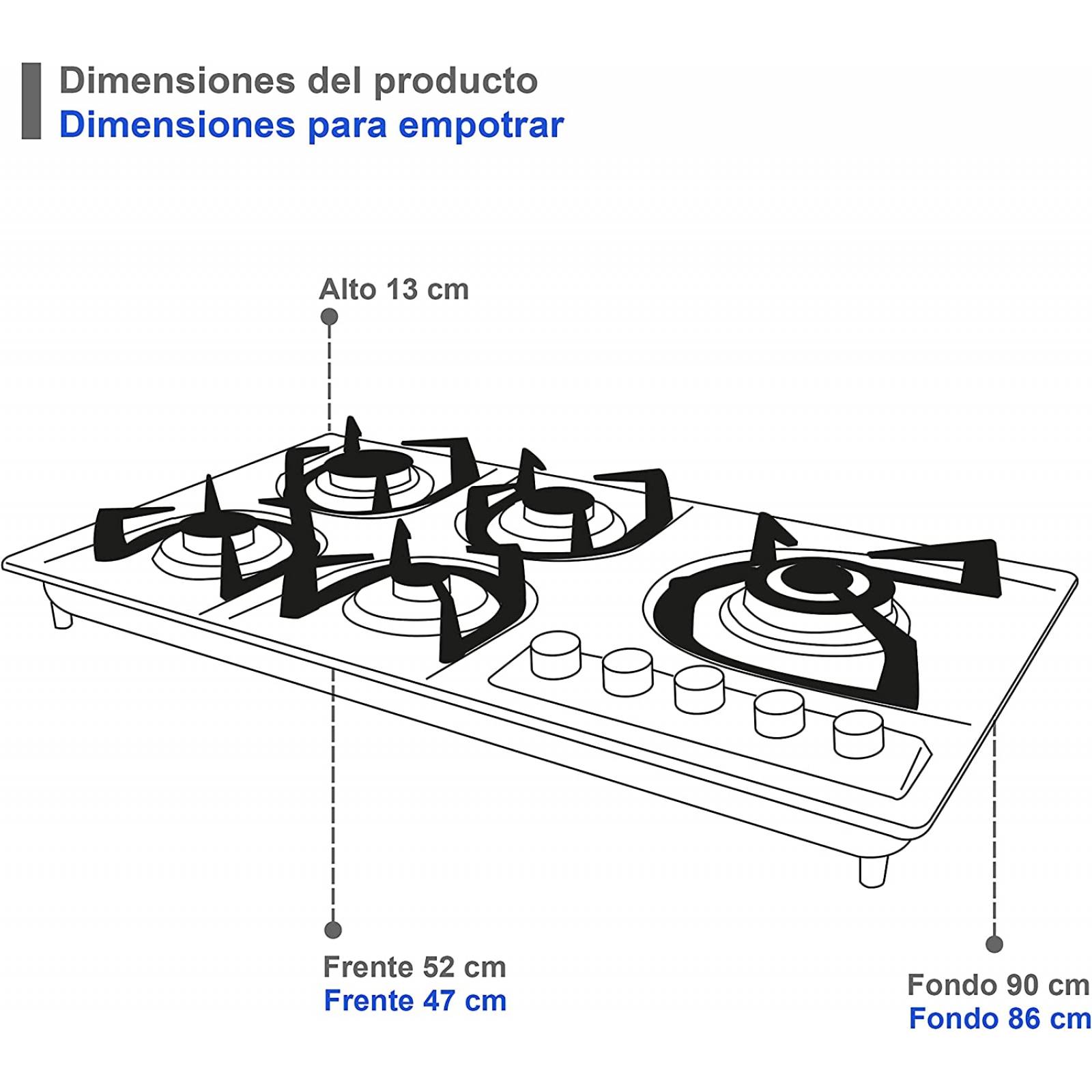 Supra 5Q-EA Parrilla de Empotrar 5 Quemadores Fabricada en Acero Inoxidable, color Acero