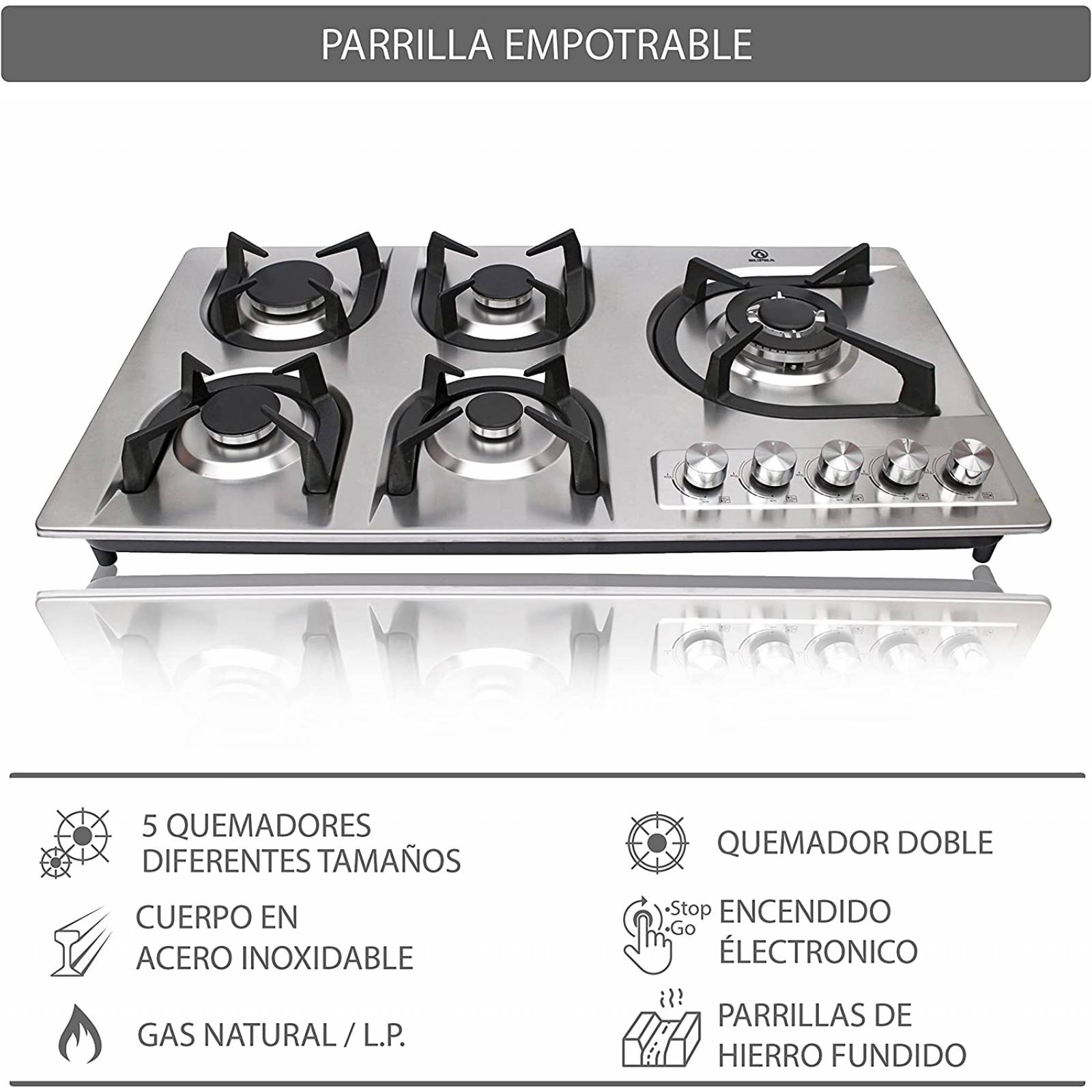 Supra 5Q-EA Parrilla de Empotrar 5 Quemadores Fabricada en Acero Inoxidable, color Acero