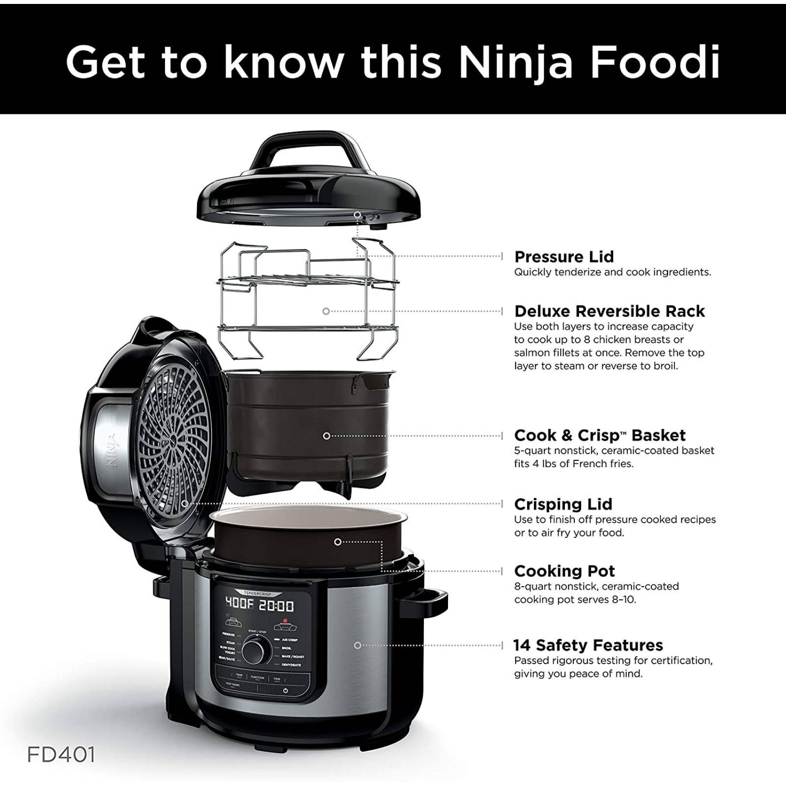 Ninja FD401 Foodi 8-Quart 9-in-1 Deluxe XL Pressure Cooker, Asar, deshidratar, cocinar a fuego lento, freidora y más