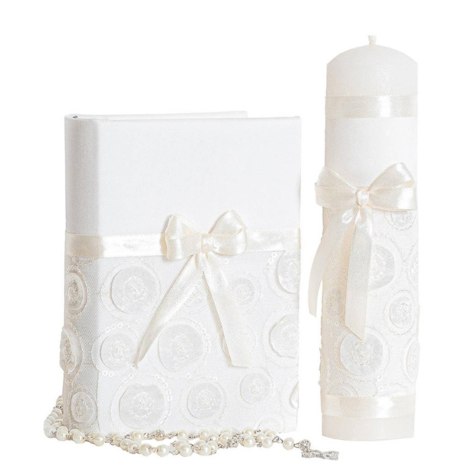 Casa Gala, Kit Set Primera Comunión para niña,Vela redonda, Rosario, Biblia, cirio, Color beige