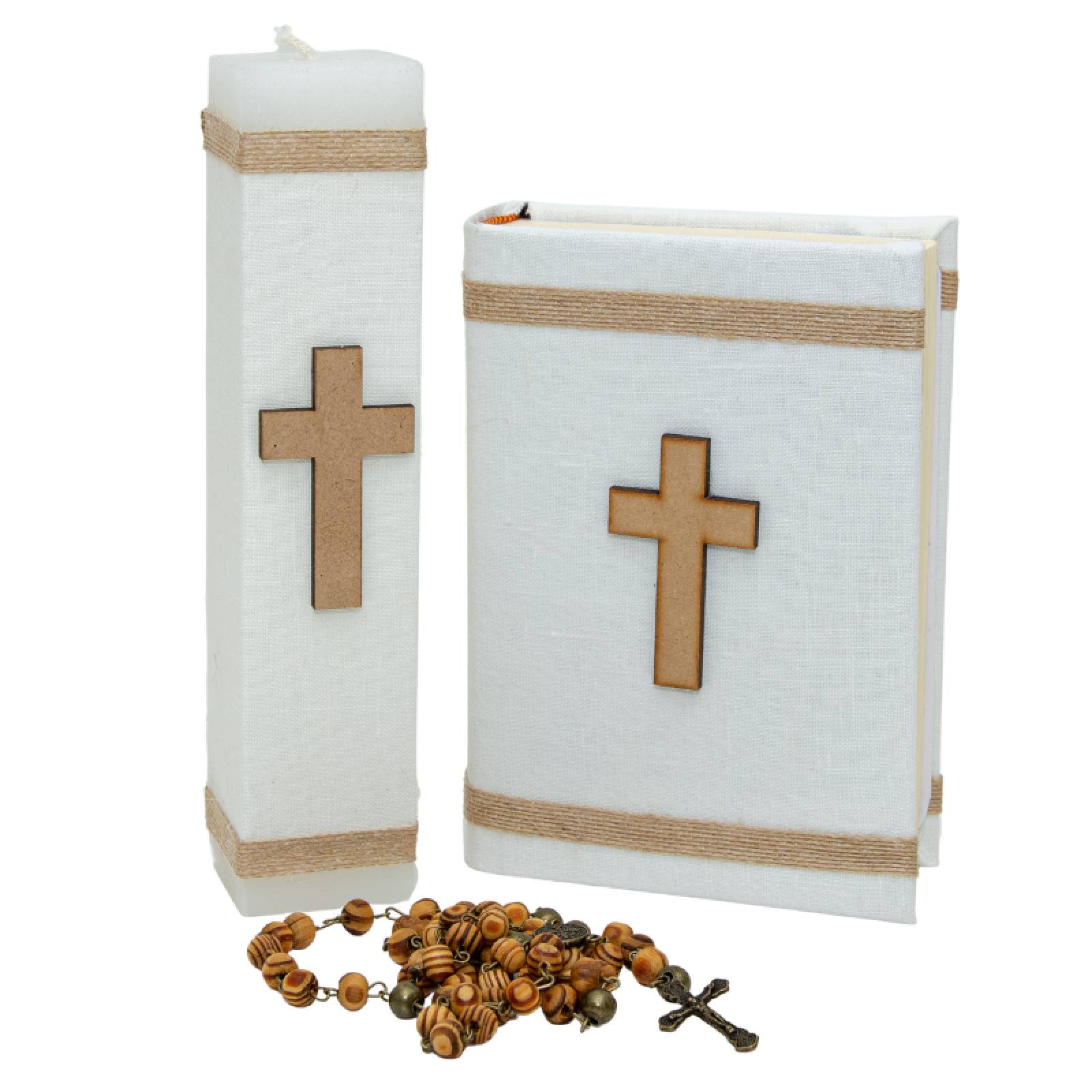 Casa Gala, Kit Set Primera Comunión para niño,Vela cuadrada, Rosario, Biblia, cirio, Color beige crudo