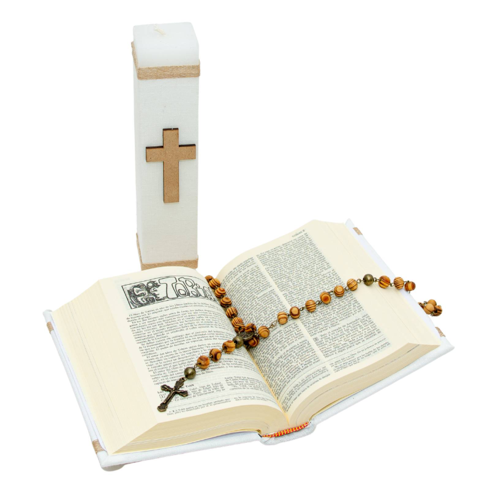 Casa Gala, Kit Set Primera Comunión para niño,Vela cuadrada, Rosario, Biblia, cirio, Color beige crudo