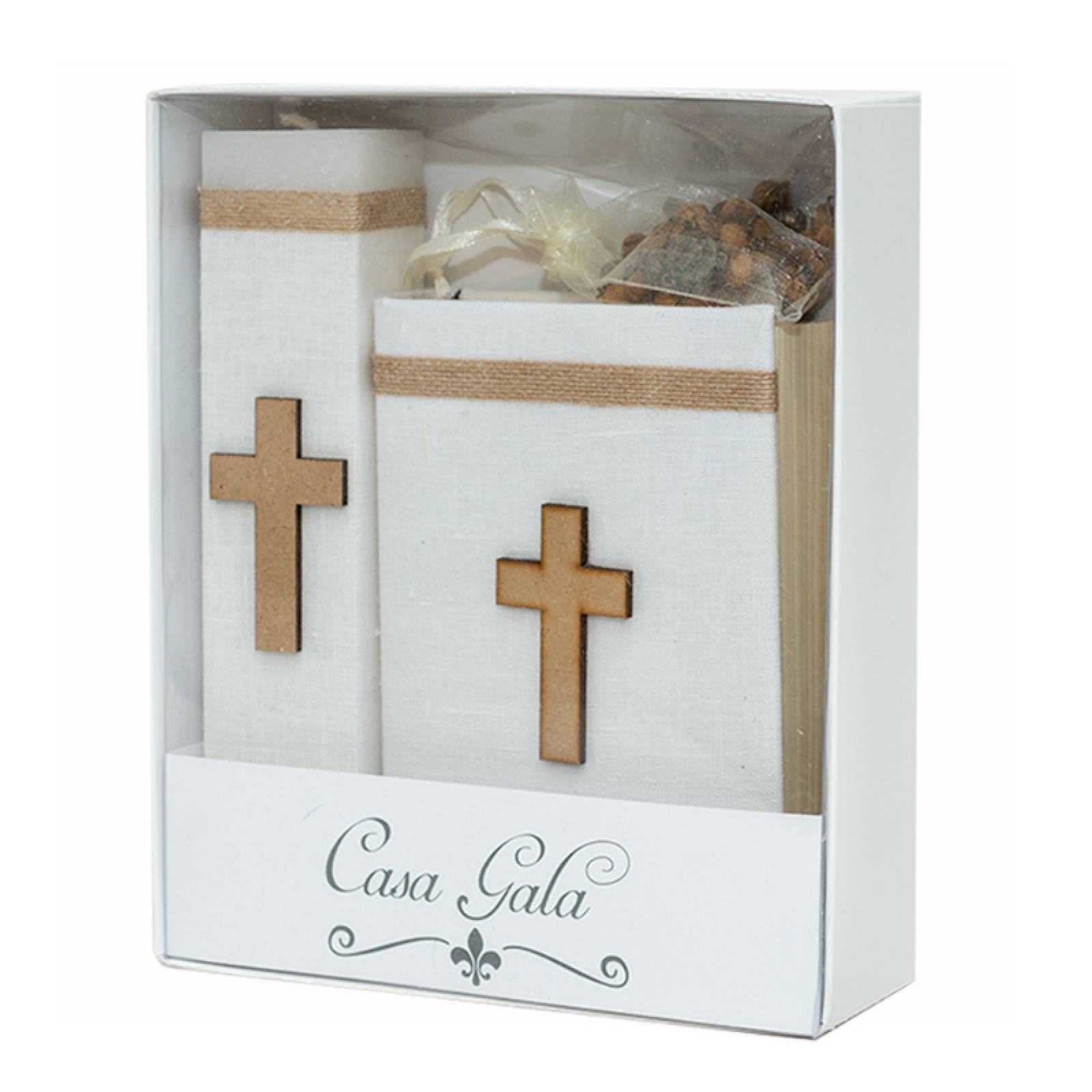 Casa Gala, Kit Set Primera Comunión para niño,Vela cuadrada, Rosario, Biblia, cirio, Color beige crudo
