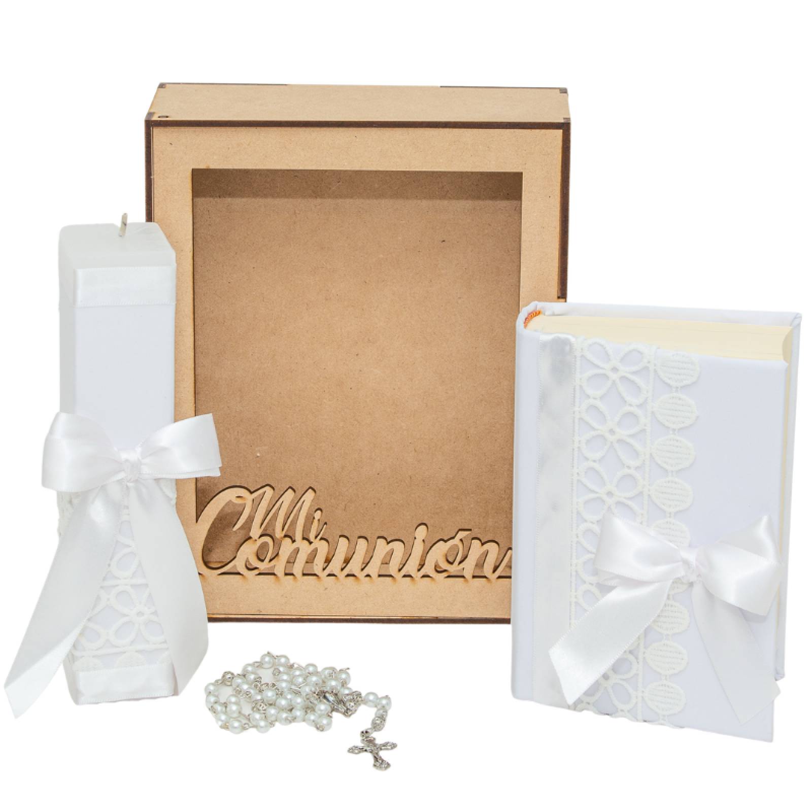 Casa Gala, Kit Set Primera Comunión para niña, con estuche MDF, Vela cuadrada, Rosario, Biblia, cirio, Color blanco
