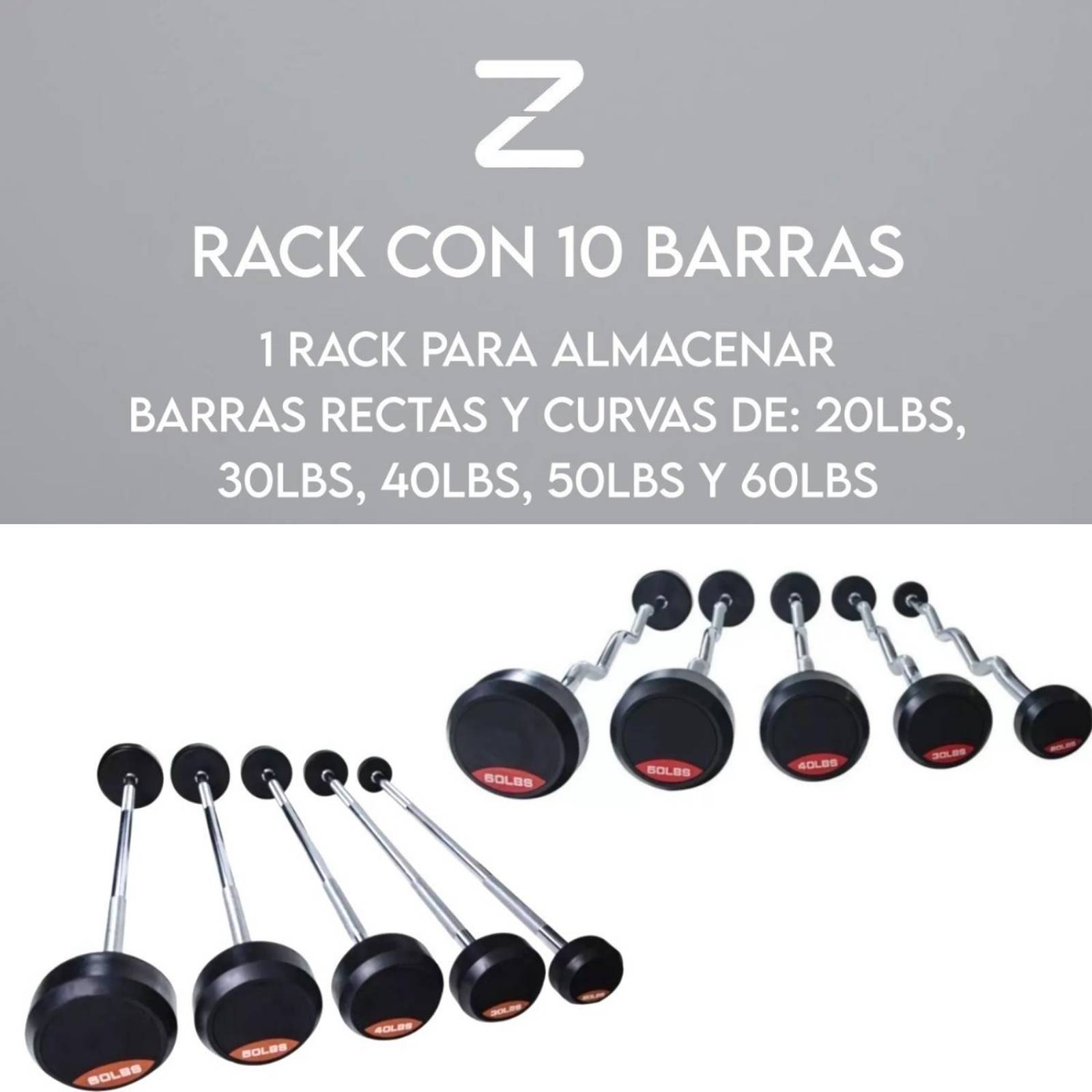 Set Rack Barras De Peso Fijo 5 Curvas Y 5 Rectas 20 A 60 Lbs 
