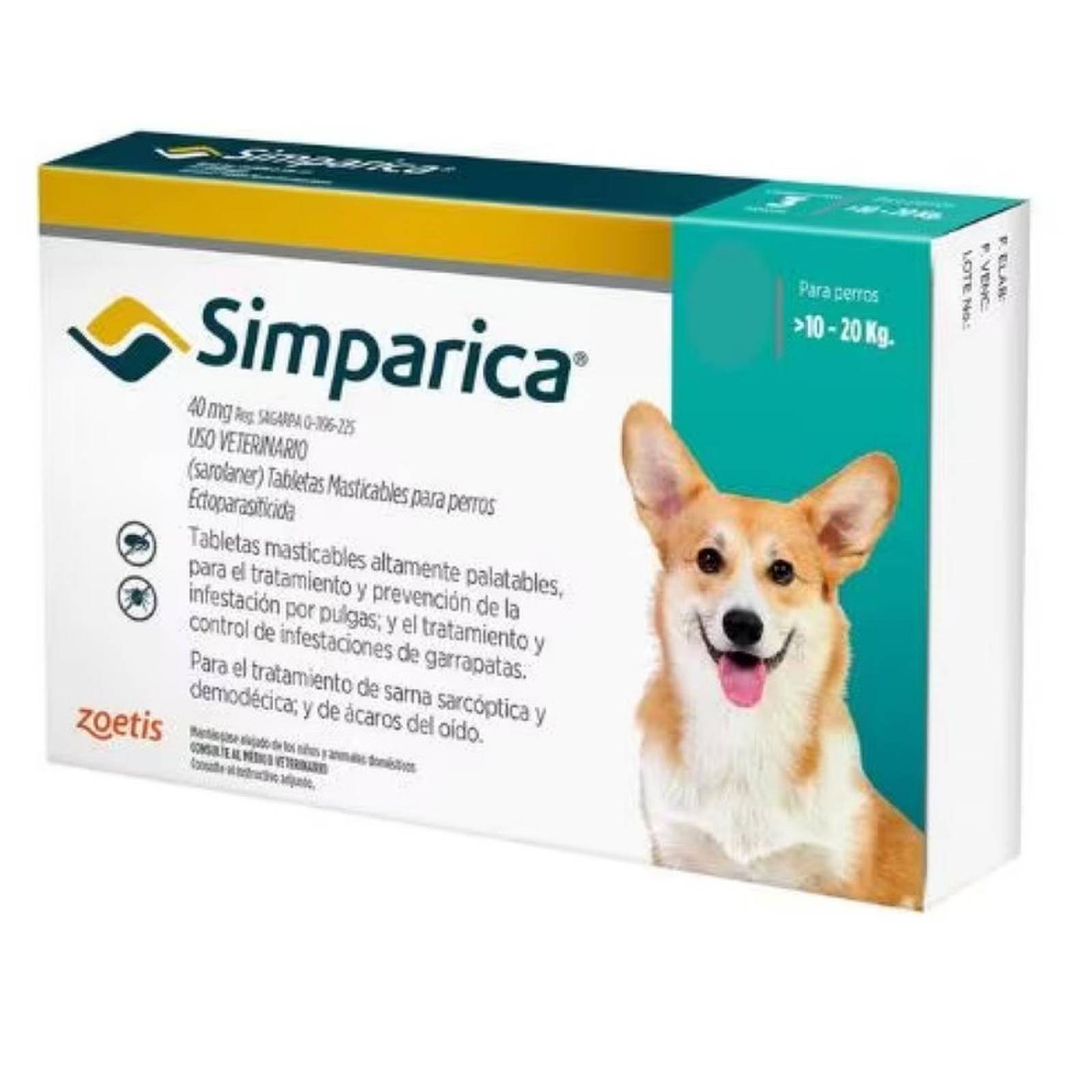 SIMPARICA 10 a 20 KG Desparasitante para perros en tabletas 
