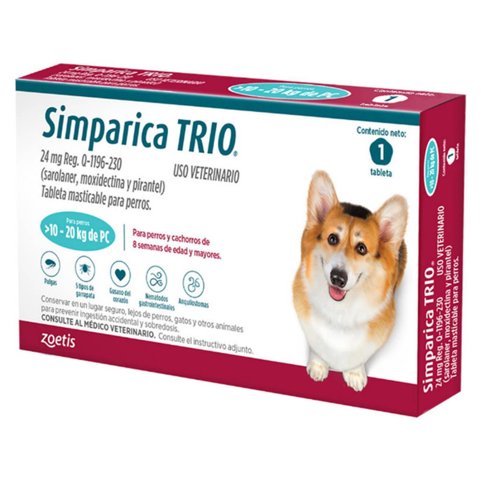 SIMPARICA TRIO 10 a 20KG Desparasitante para perros tabletas 