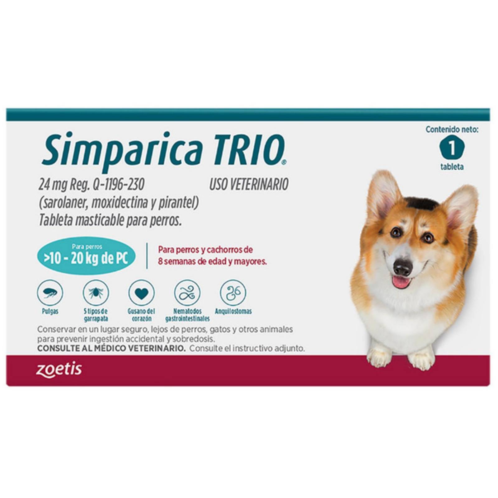 SIMPARICA TRIO 10 a 20KG Desparasitante para perros tabletas 