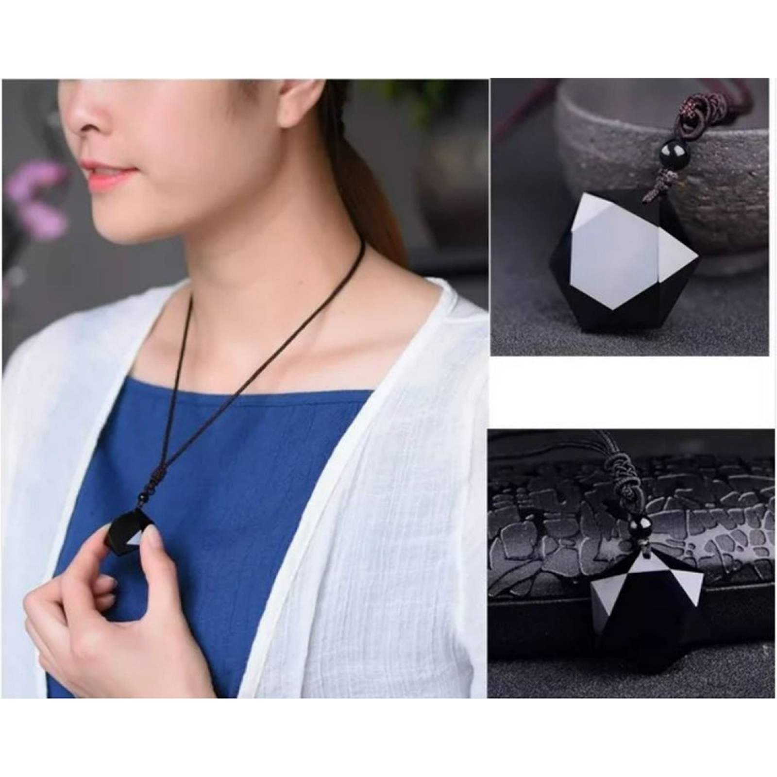 Collar De Obsidiana Estrella Hexagonal Buena Suerte Fortuna