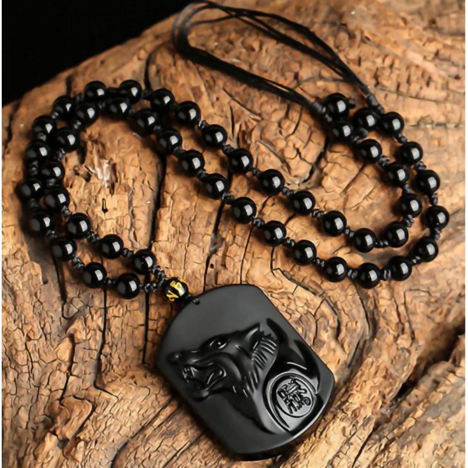 Collar De Lobo De Obsidiana Pendiente Amuleto Suerte Fortuna