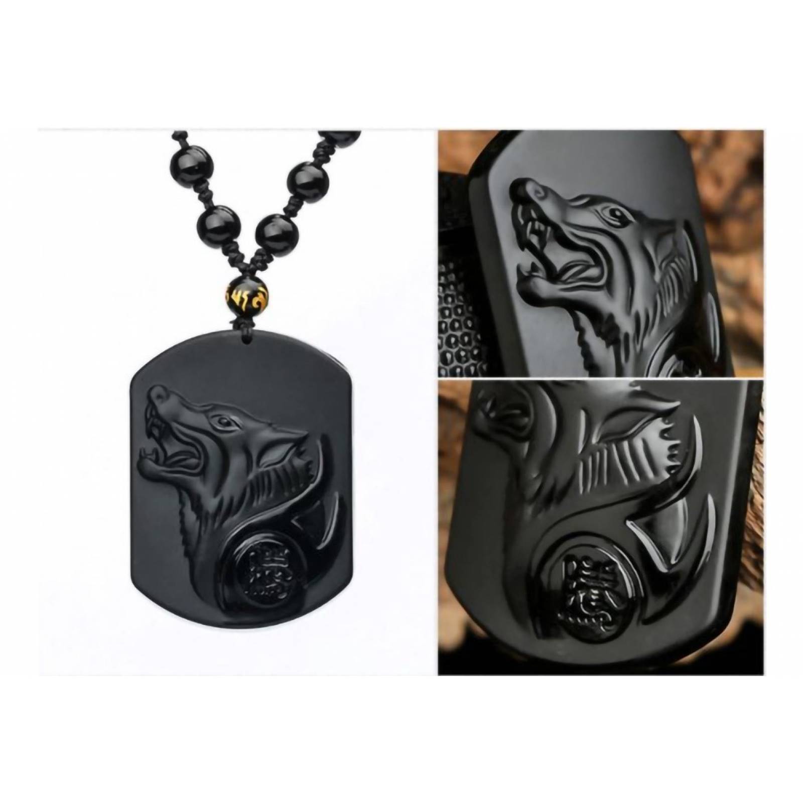 Collar De Lobo De Obsidiana Pendiente Amuleto Suerte Fortuna