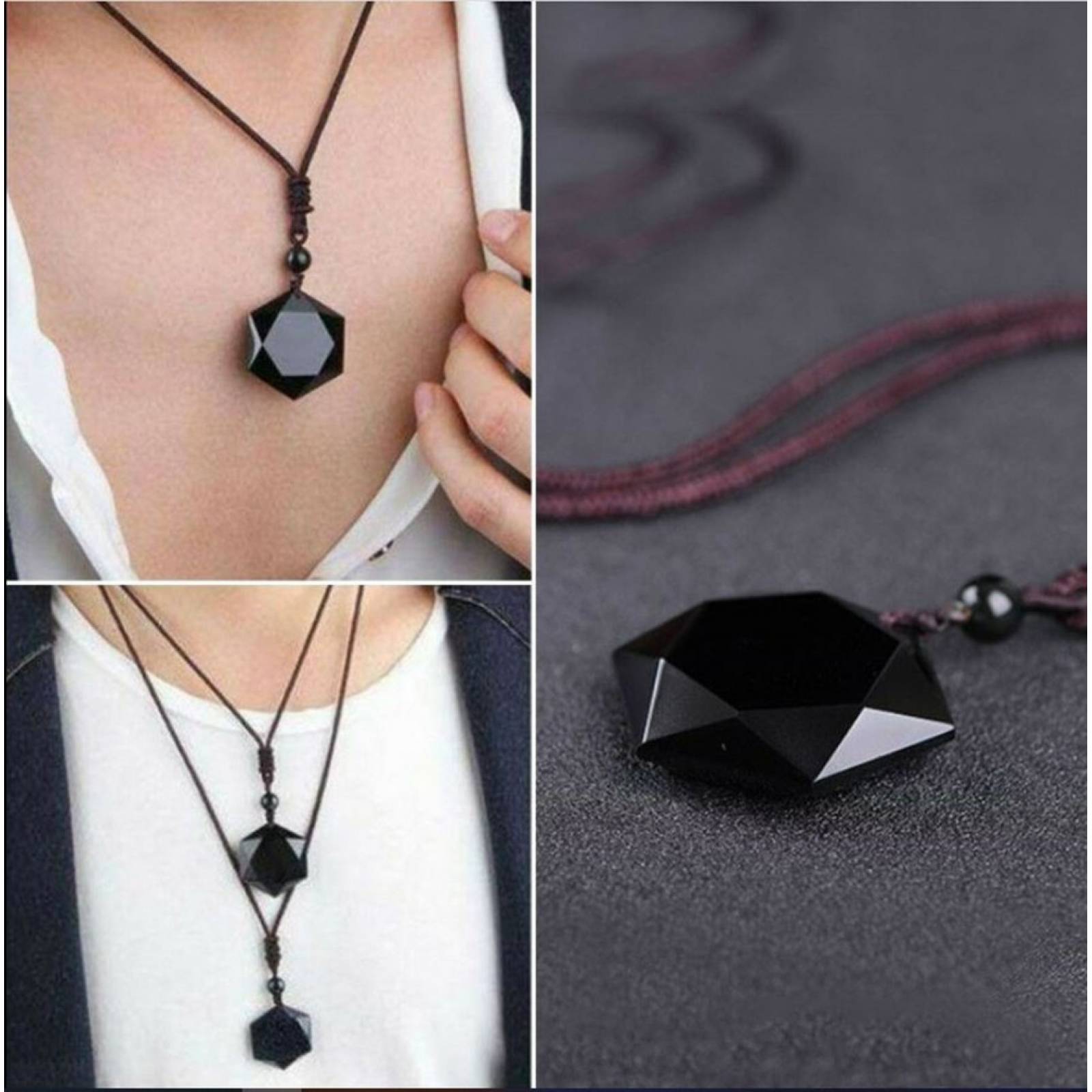 Collar De Obsidiana Estrella De David Hexagonal Amuleto