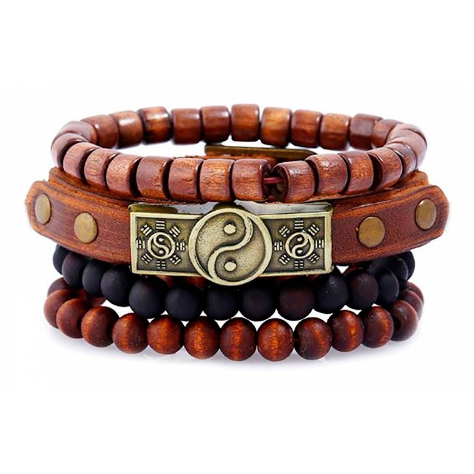 MADIOLA Pulseras Ying Yang de piel y madera. Brazaletes para Hombre Mujer Pareja Amor Amistad Novios Enamorados -