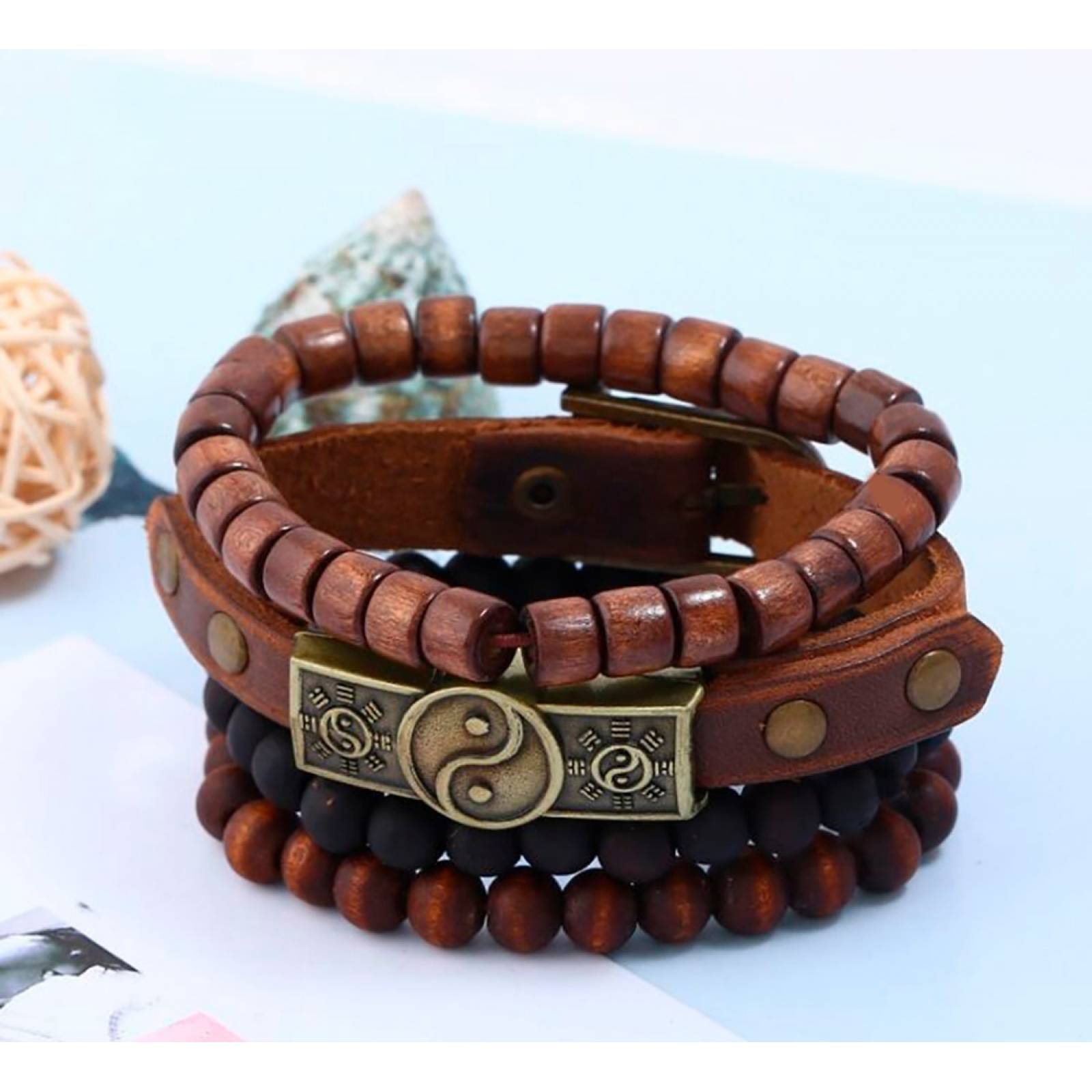 MADIOLA Pulseras Ying Yang de piel y madera. Brazaletes para Hombre Mujer Pareja Amor Amistad Novios Enamorados -