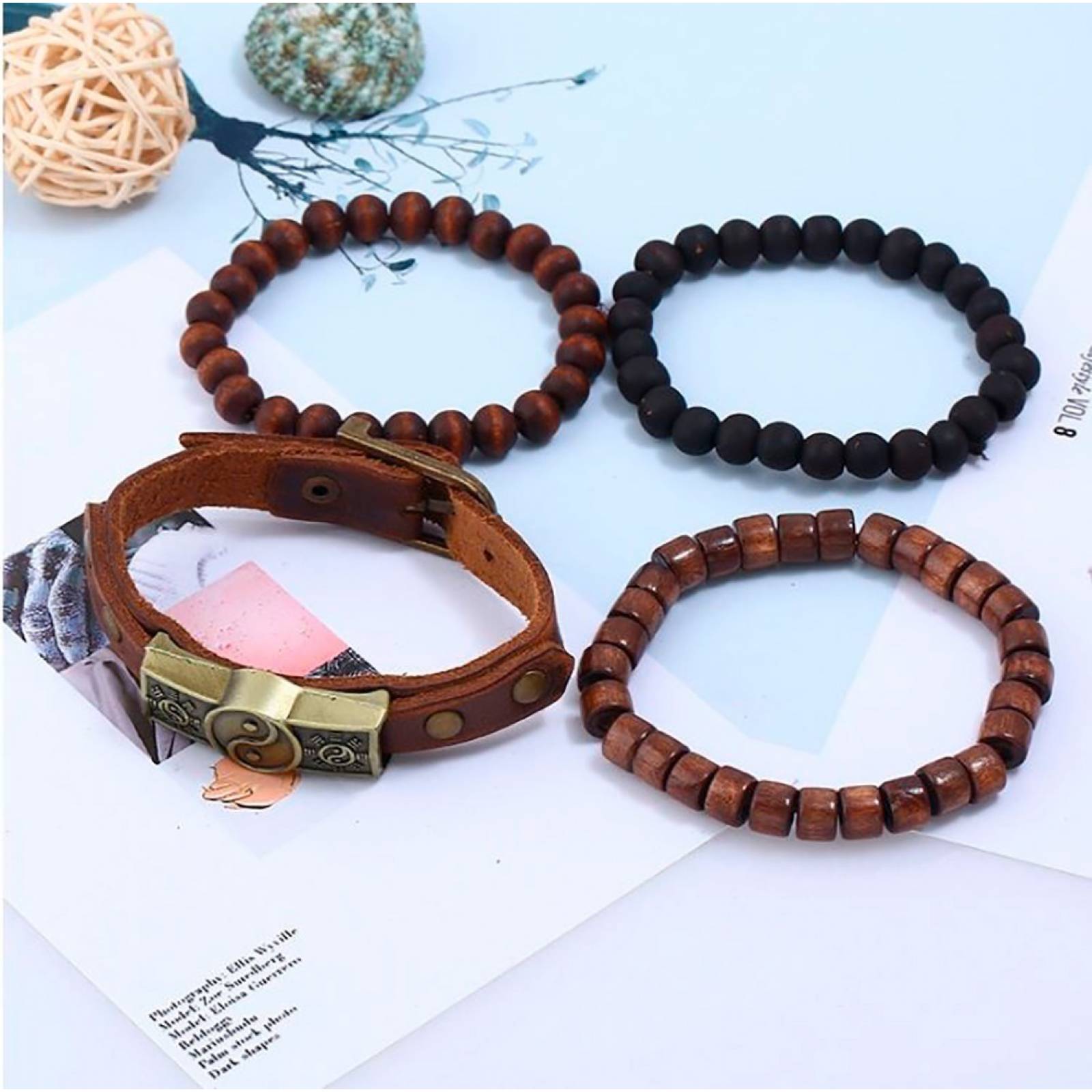 MADIOLA Pulseras Ying Yang de piel y madera. Brazaletes para Hombre Mujer Pareja Amor Amistad Novios Enamorados -