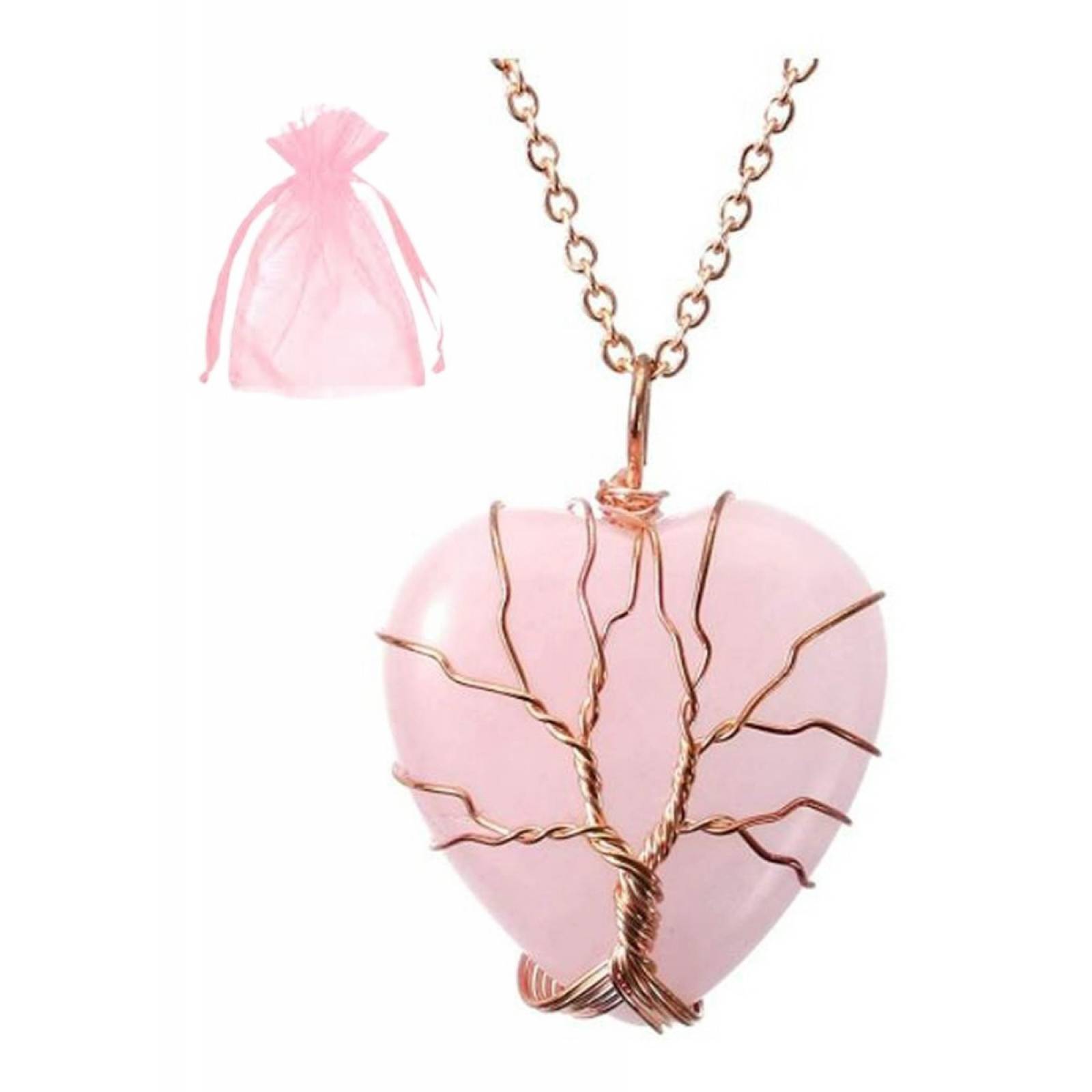 Collar corazon cuarzo alambre Arbol Vida   rosa
