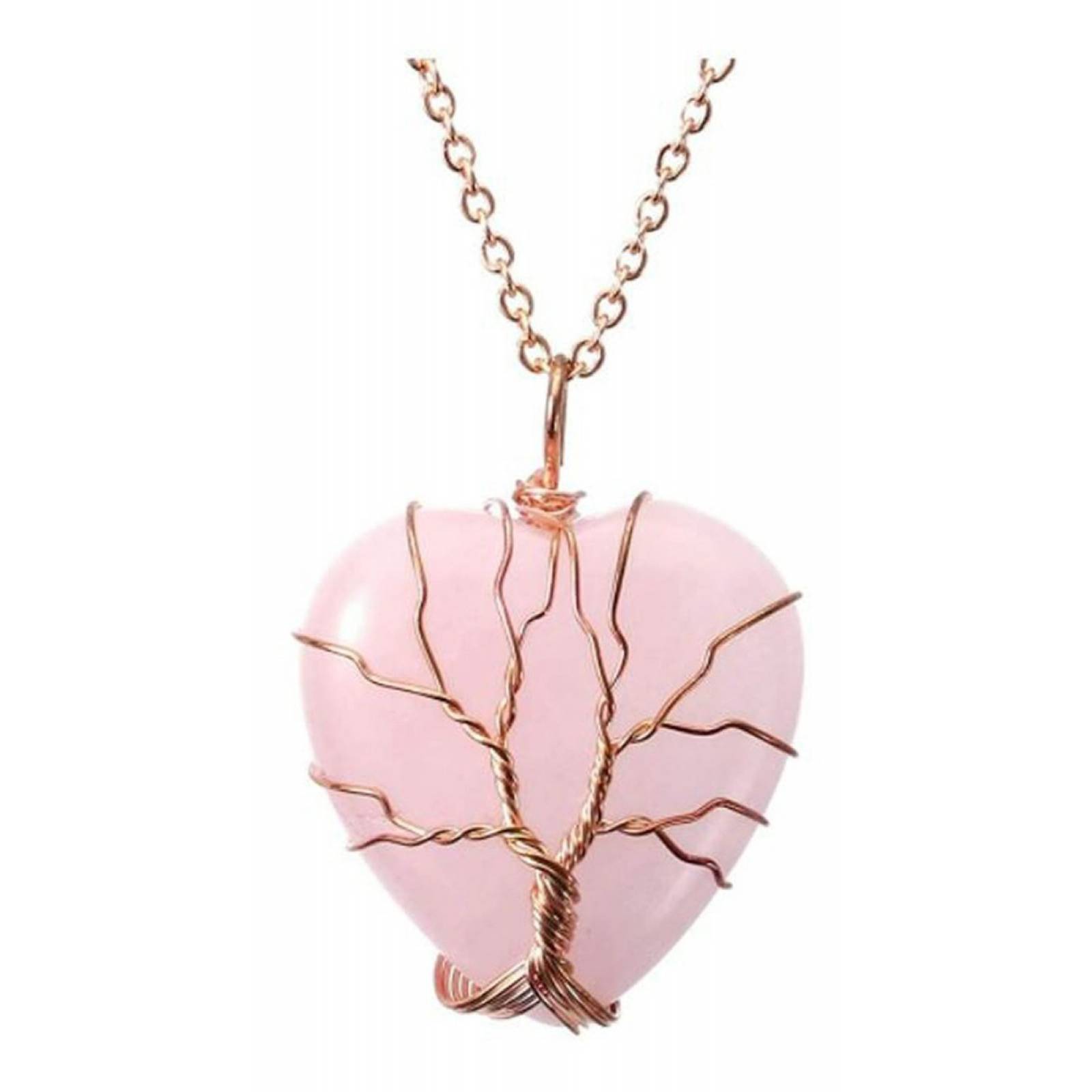Collar corazon cuarzo alambre Arbol Vida   rosa
