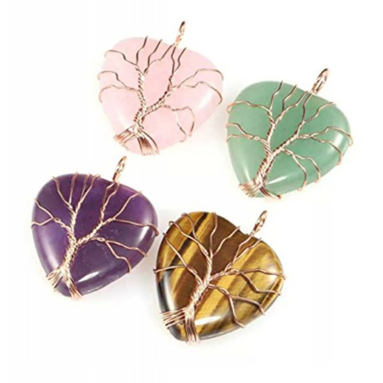Collar corazon cuarzo alambre Arbol Vida   rosa