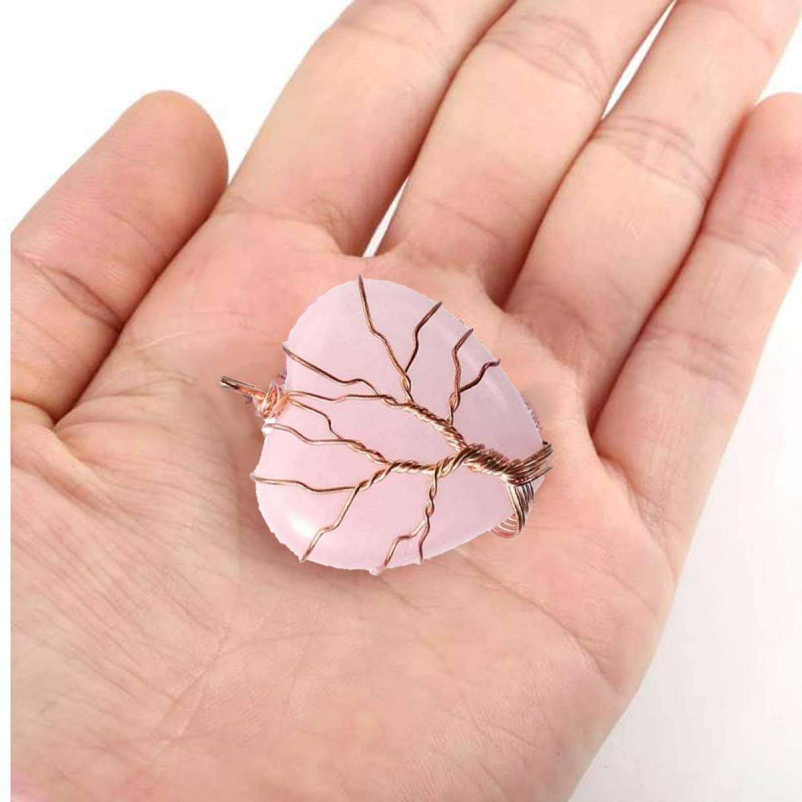 Collar corazon cuarzo alambre Arbol Vida   rosa