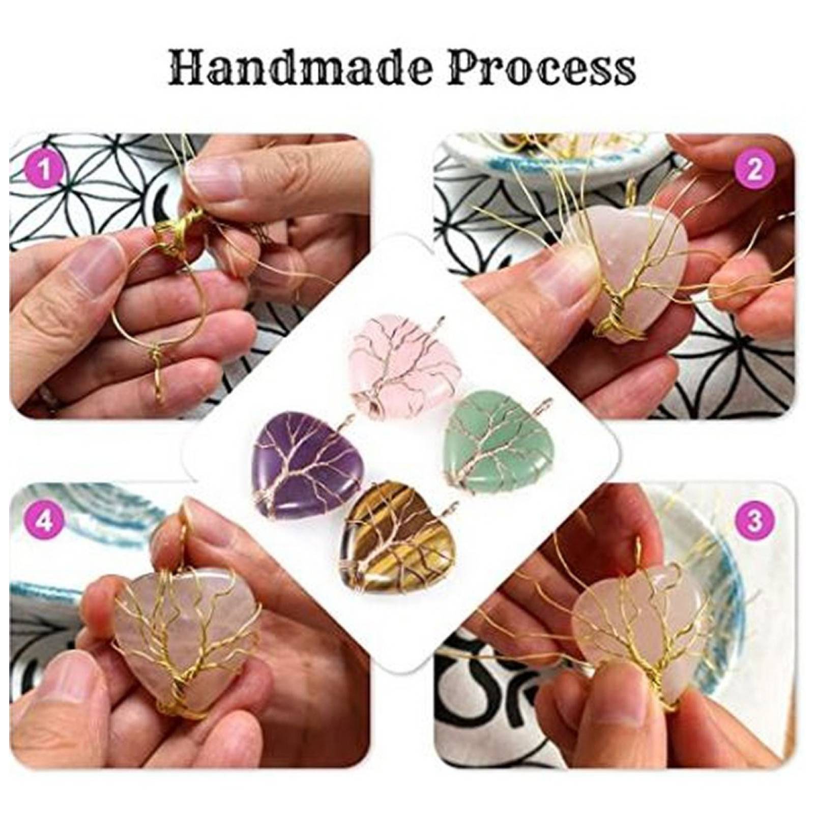 Collar corazon cuarzo alambre Arbol Vida   rosa