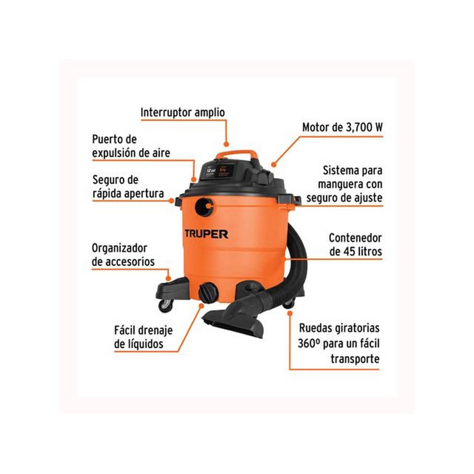 Aspiradora Truper 45L sólidos y líquidos motor 5HP c/accesorios 