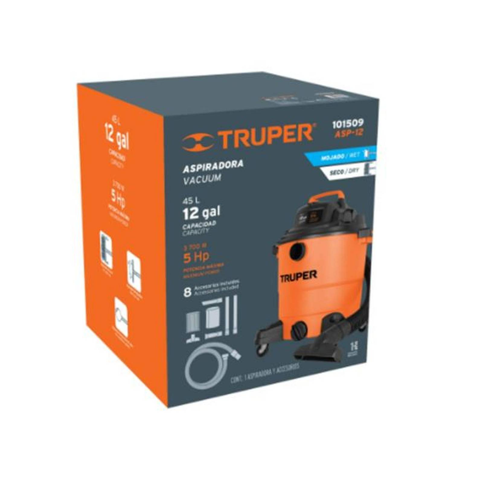 Aspiradora Truper 45L sólidos y líquidos motor 5HP c/accesorios 