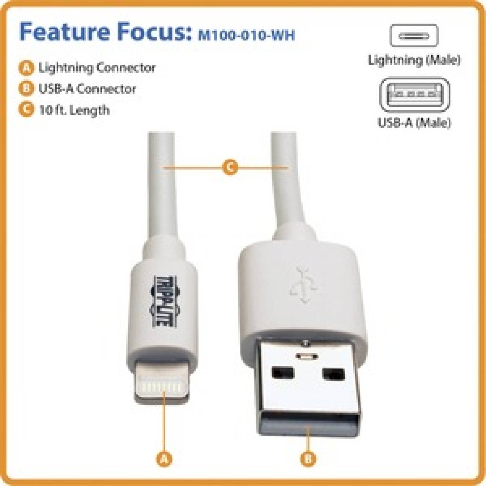 Tripplite Cable USB de Sincronización / Carga con Conector Lightning para iPad, iPhone, iPod, 3.05 m [10 pies] - 1 x Tip
