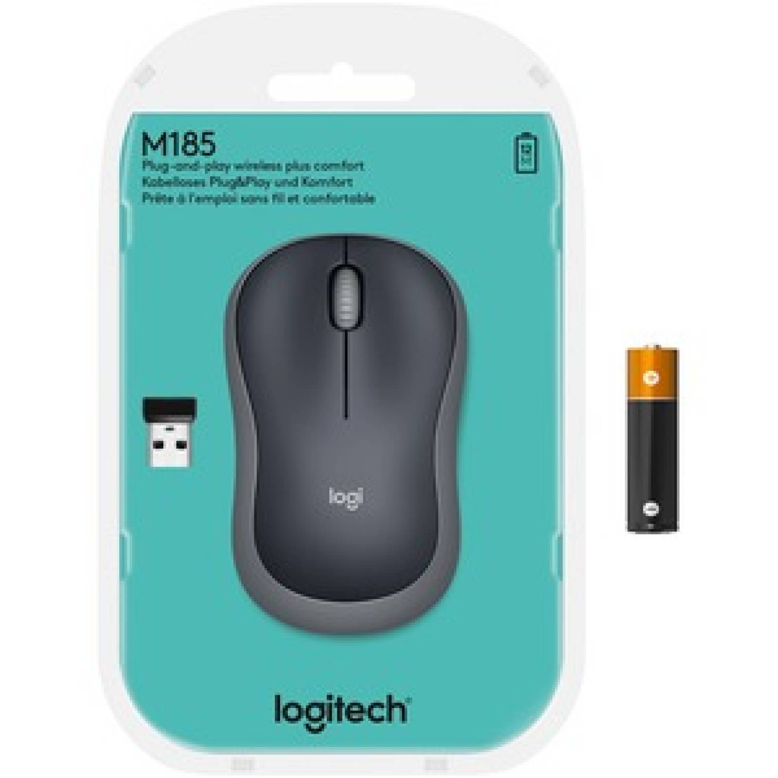 Logitech Mouse Logitech M185 - Radiofrecuencia - USB - Óptico - 3 Botón(es) - Gris - Inalámbrico - 1000 dpi - Rueda de d