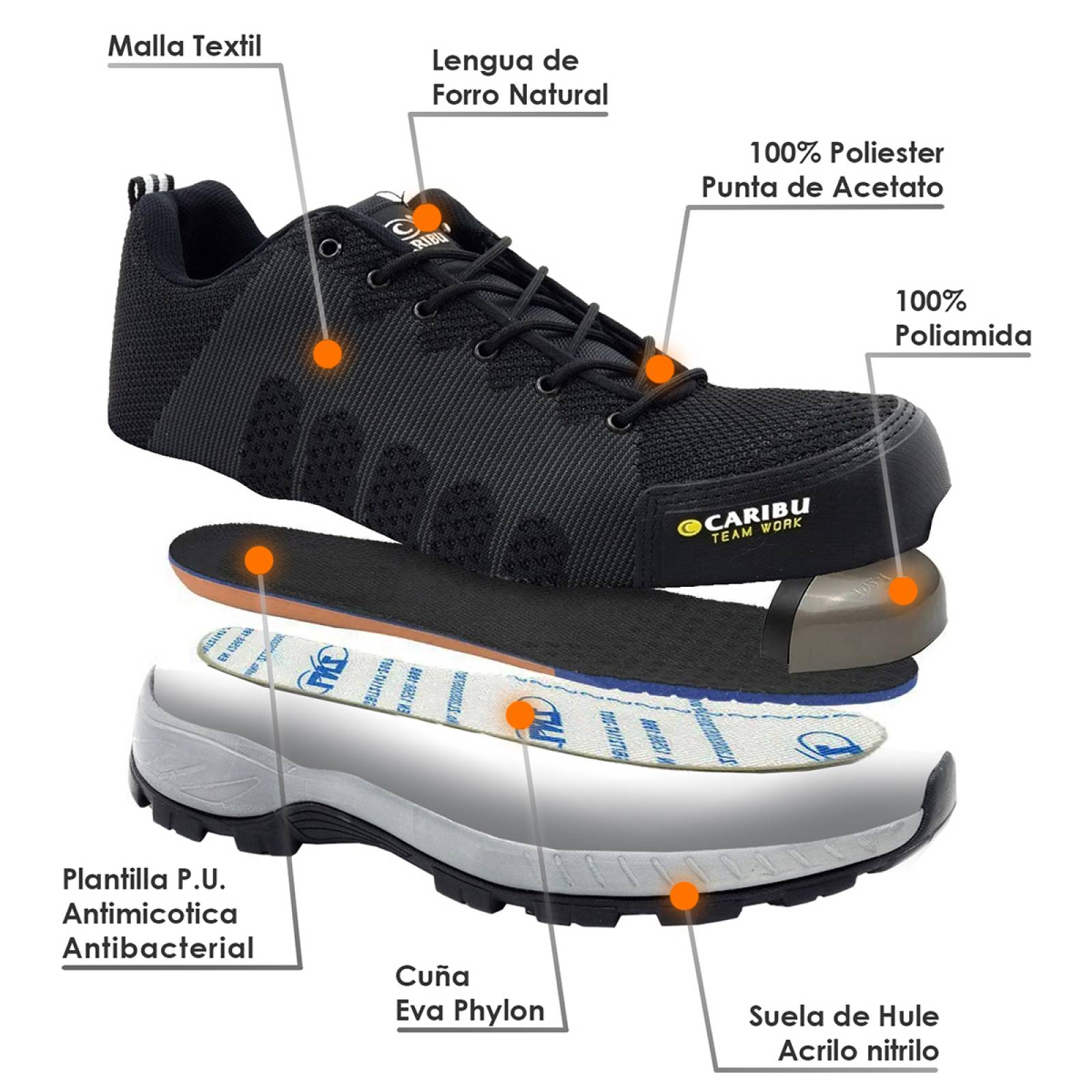 Tenis de Seguridad Industrial Con Casco Caribú 325 Negro / Negro