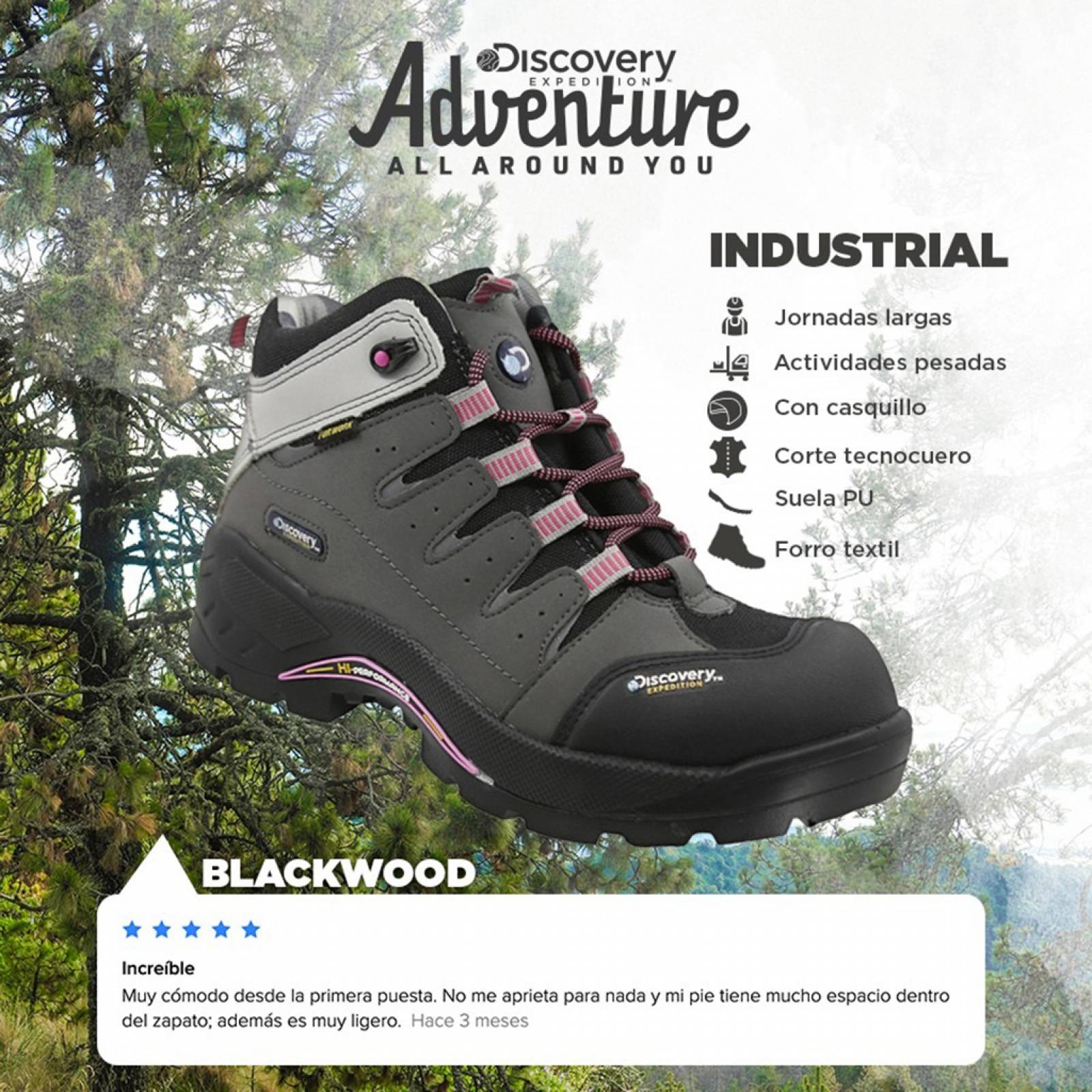 Botas Hiking Dama Discovery Expedition 1958 Con Casquillo Gris Rosa