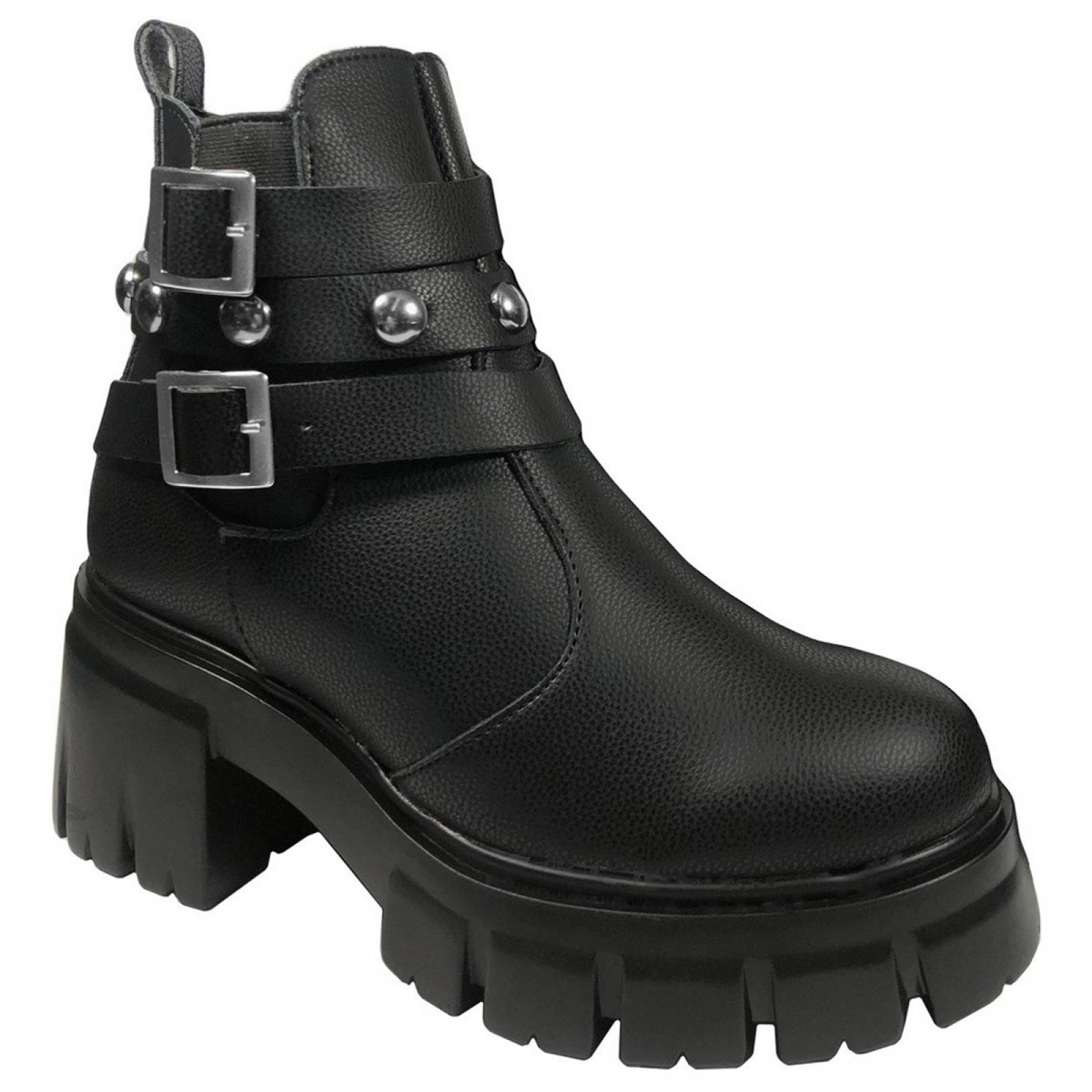 Bota Combat Suela Gruesa Track Chunky Para Mujer De Moda Negro 4026