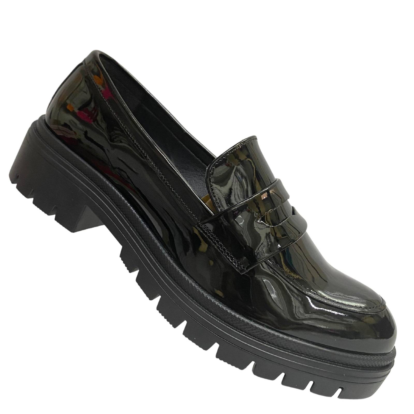 Mocasines Zapato Para Dama Moda Plataforma Casual Chunky Negro Charol