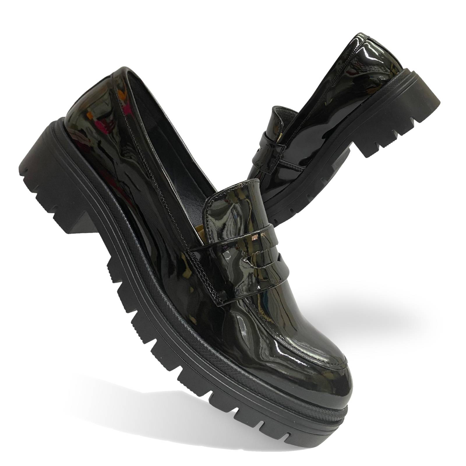 Mocasines Zapato Para Dama Moda Plataforma Casual Chunky Negro Charol