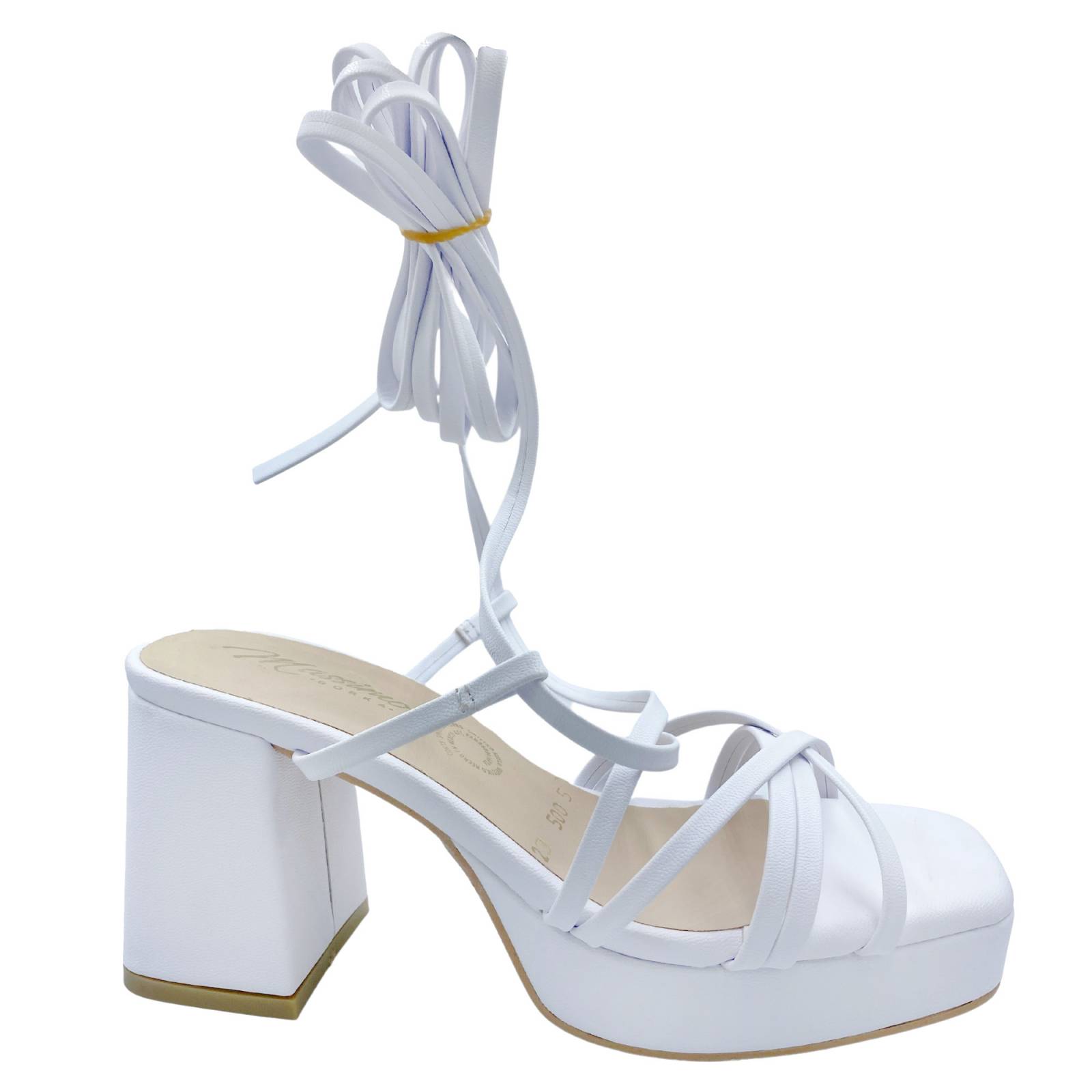 Sandalia De Tacón Massimo Con Listones Frente Cuadrado Blanco