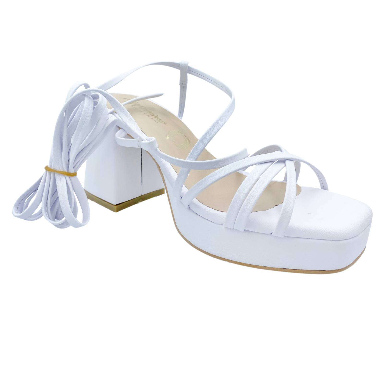 Sandalia De Tacón Massimo Con Listones Frente Cuadrado Blanco