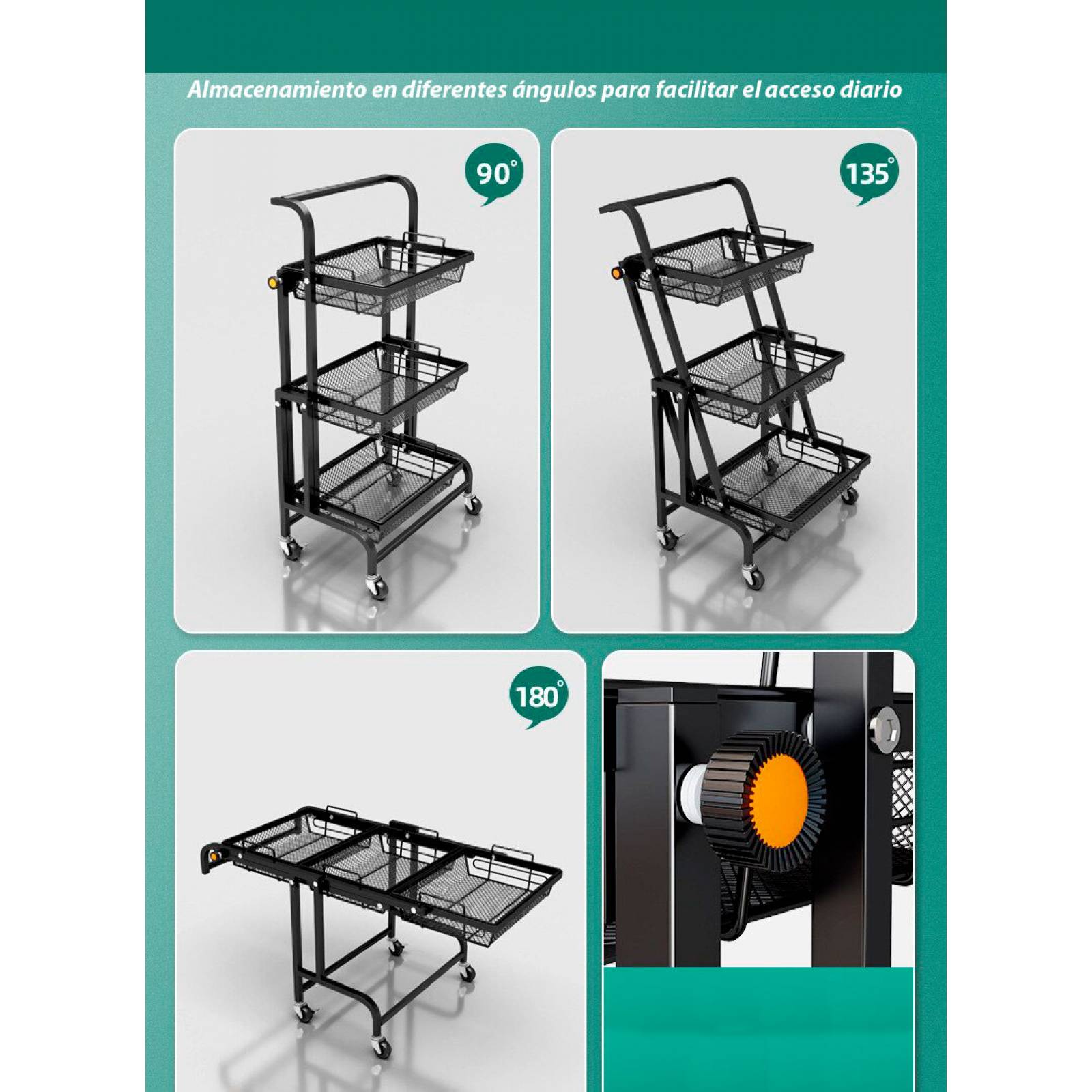 Carrito plegable de 3 niveles con ruedas giratorias multifuncional Benek