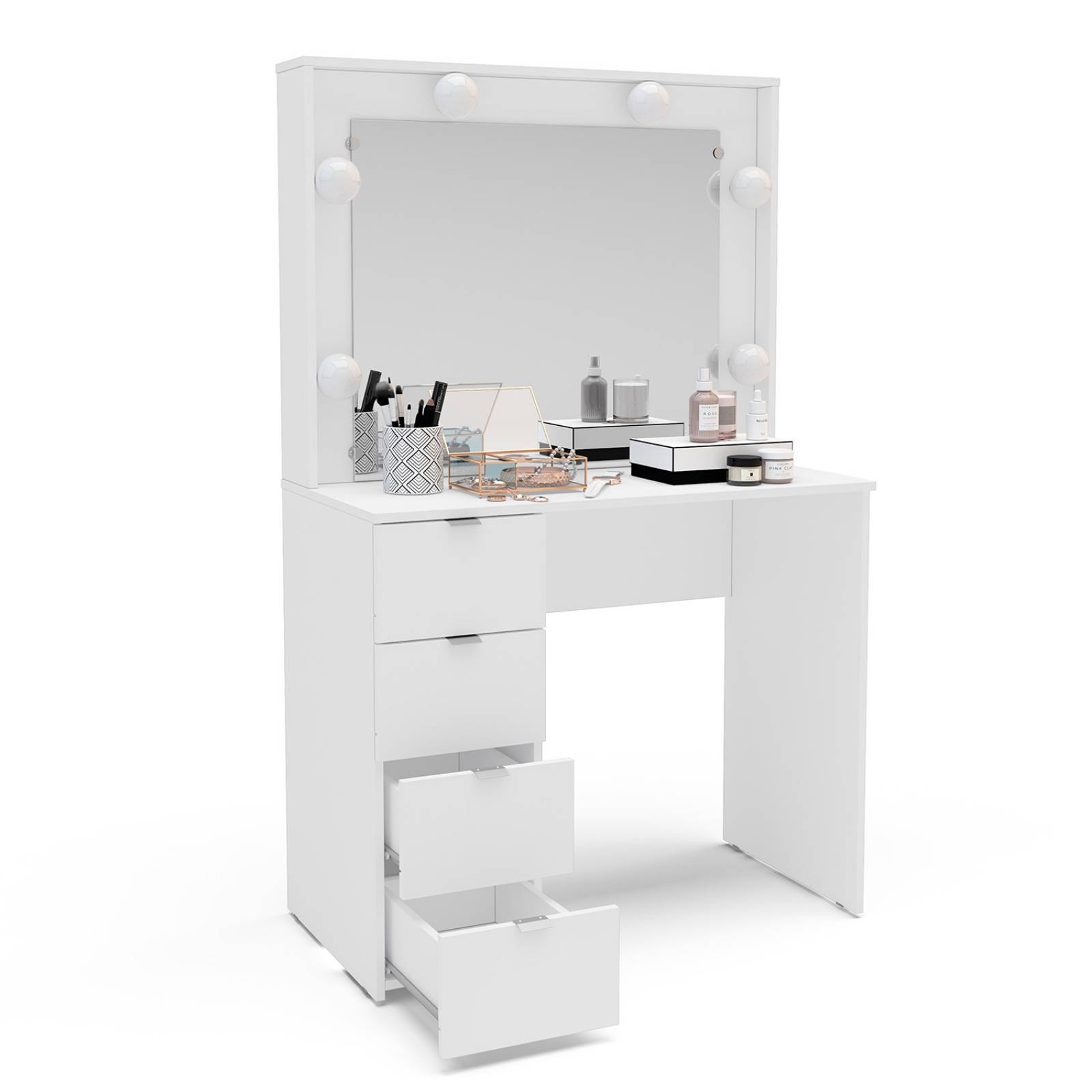 Tocador de Dormitorio de 4 Cajones con Almacenamiento y Espejo Moderno Bossa Camarín California Blanco.