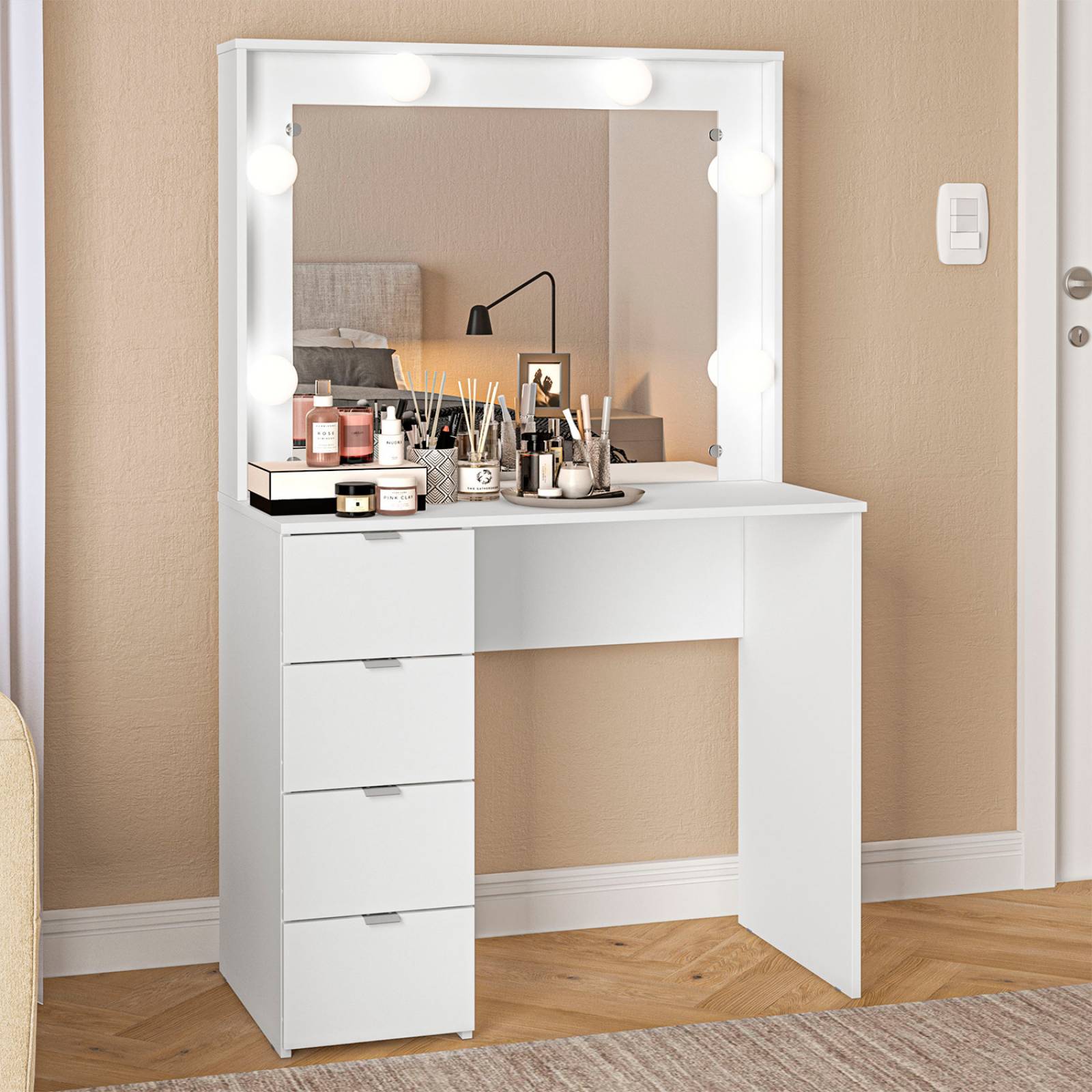 Tocador de Dormitorio de 4 Cajones con Almacenamiento y Espejo Moderno Bossa Camarín California Blanco.