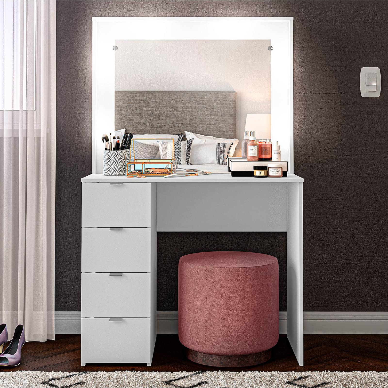 Tocador de Dormitorio de 4 Cajones con Almacenamiento y Espejo Moderno Bossa Camarín California Blanco.