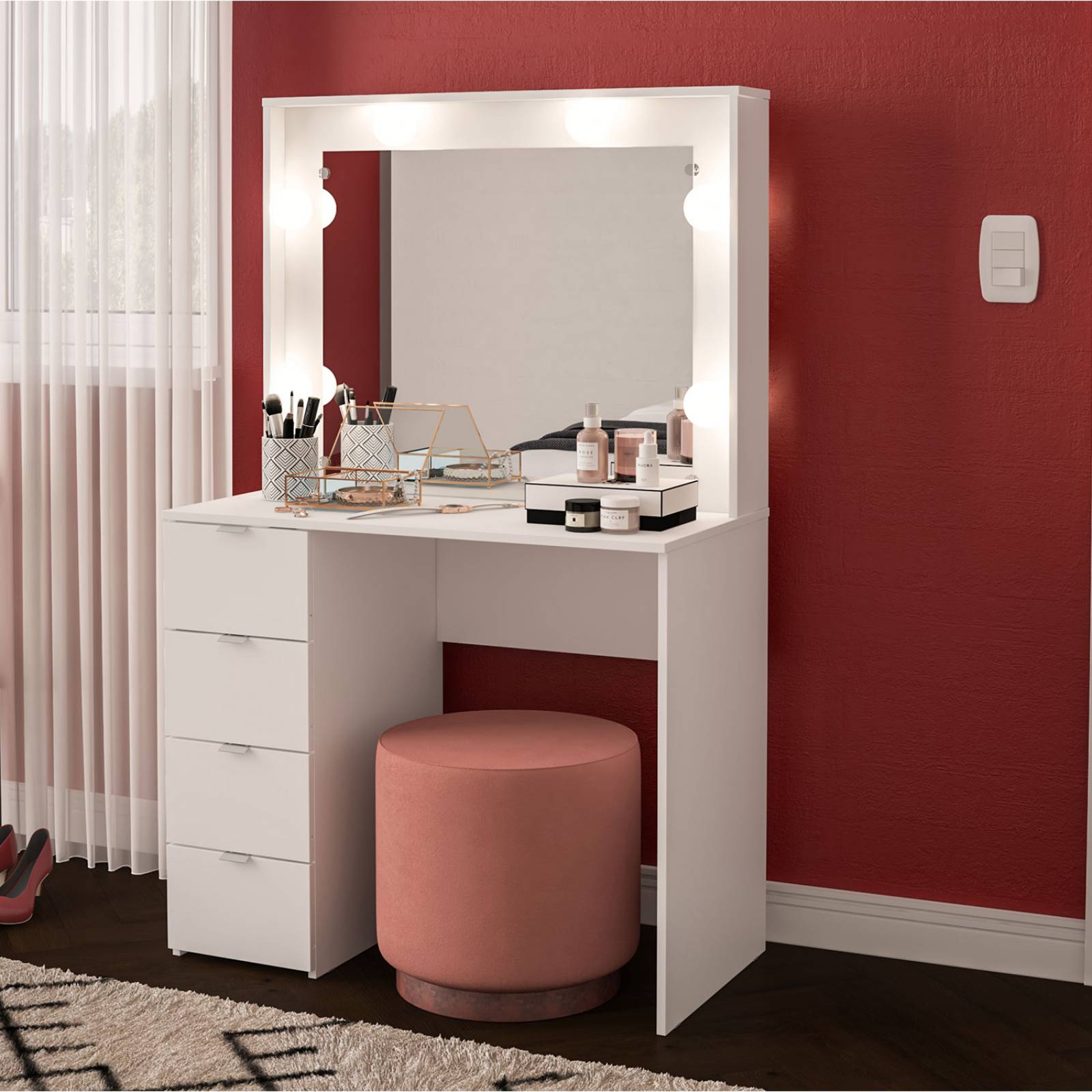 Tocador de Dormitorio de 4 Cajones con Almacenamiento y Espejo Moderno Bossa Camarín California Blanco.