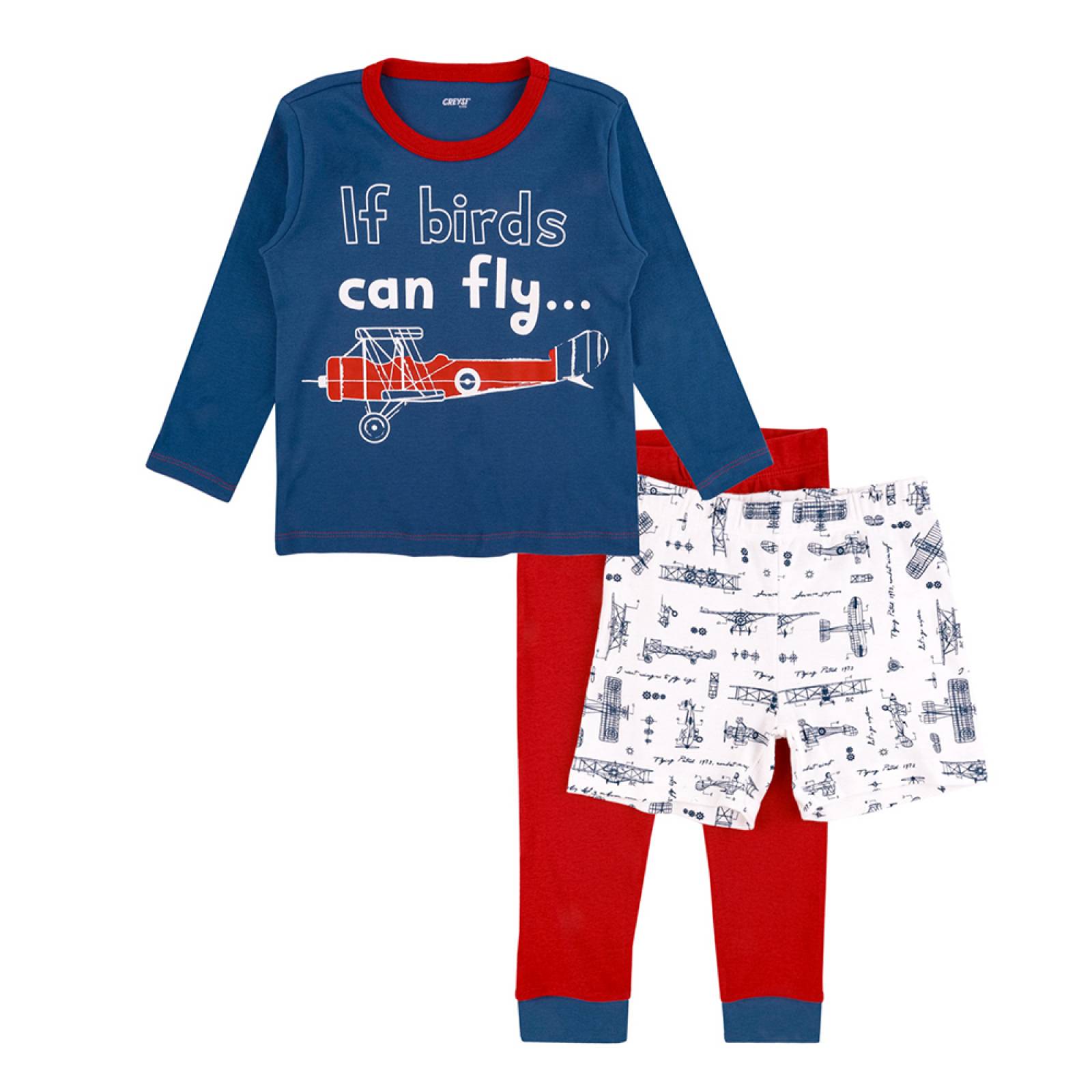 Set de Pijama 3 Piezas en Algodón Hipoalergénico, Playera Manga Larga, Pantalón y Bermuda