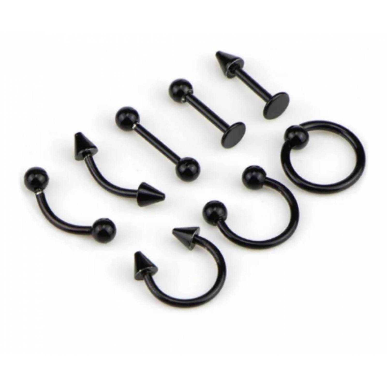 Set De 8 Piercing Nariz, Ceja, Labio, Lengua Y Oreja unitalla Negro