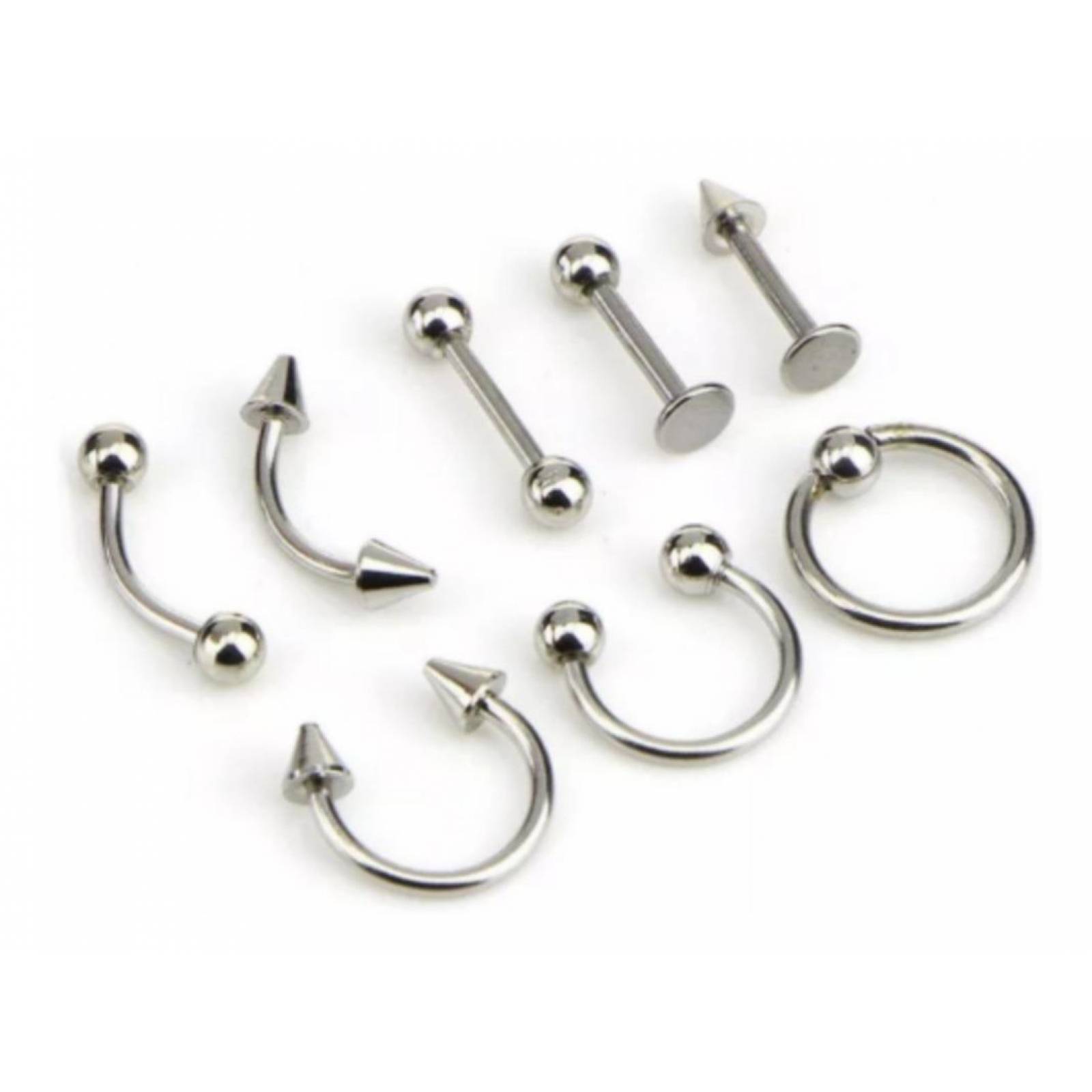Set De 8 Piercing Nariz, Ceja, Labio, Lengua Y Oreja unitalla Plateado