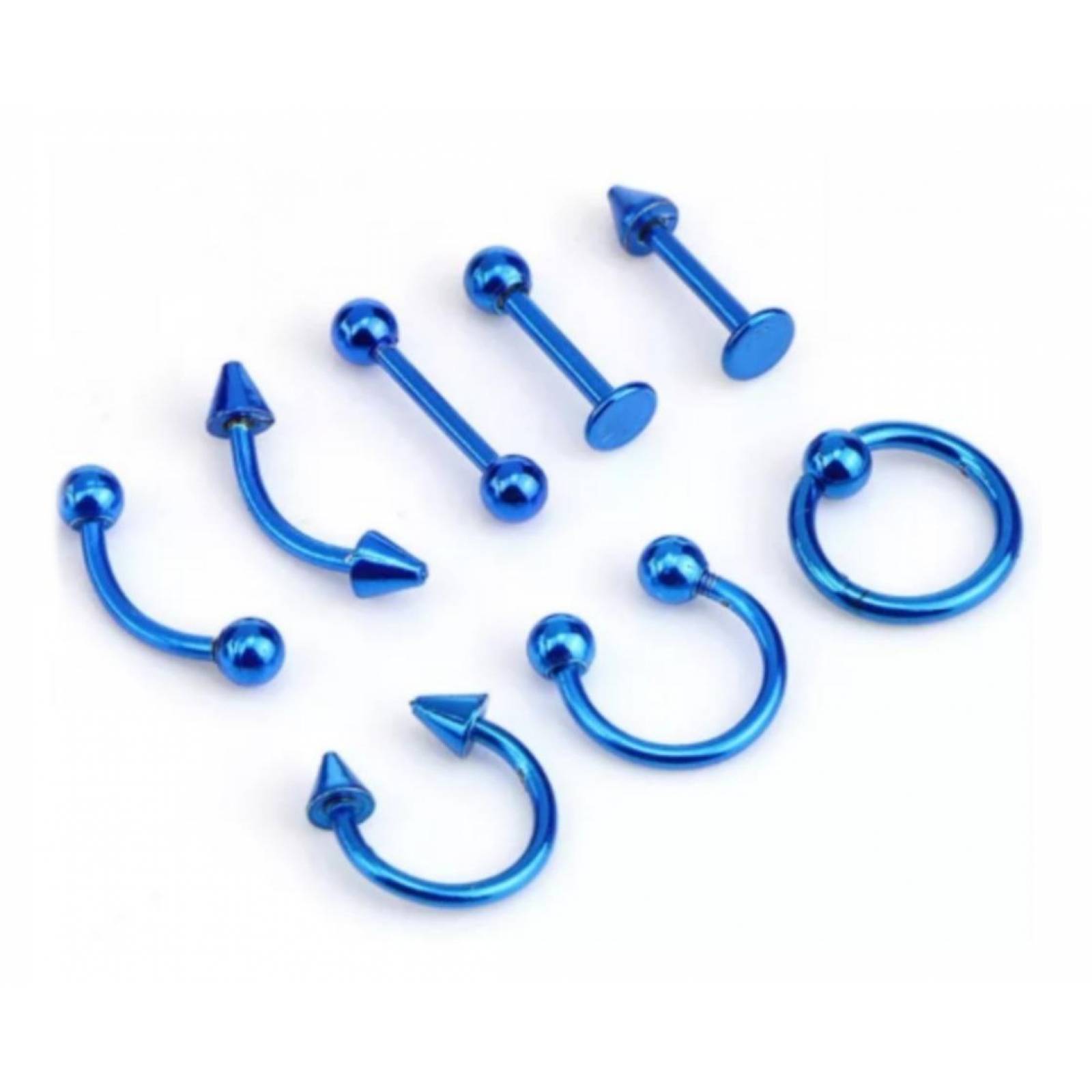 Set De 8 Piercing Nariz, Ceja, Labio, Lengua Y Oreja unitalla Azul